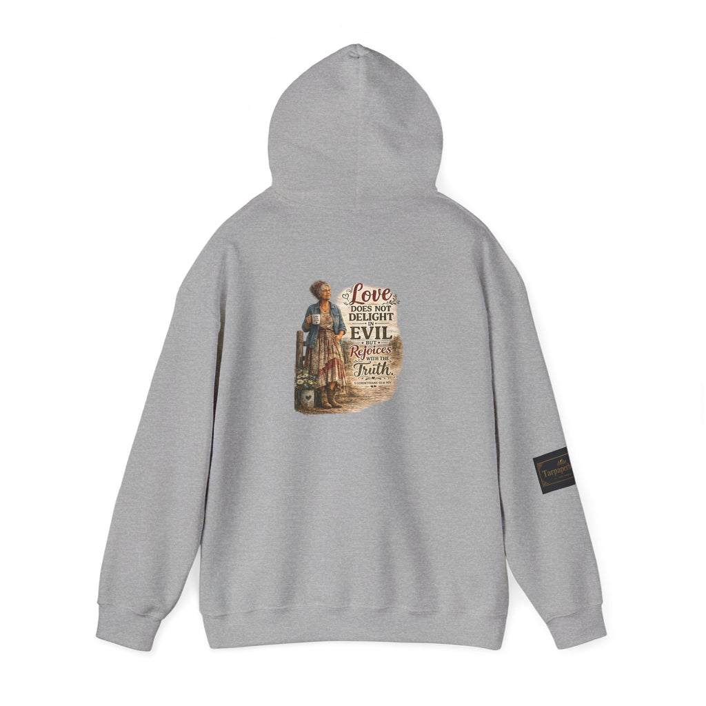 Christian Faith Hoodie - "Love Does Not Delight in Evil" Scripture Sweatshirt