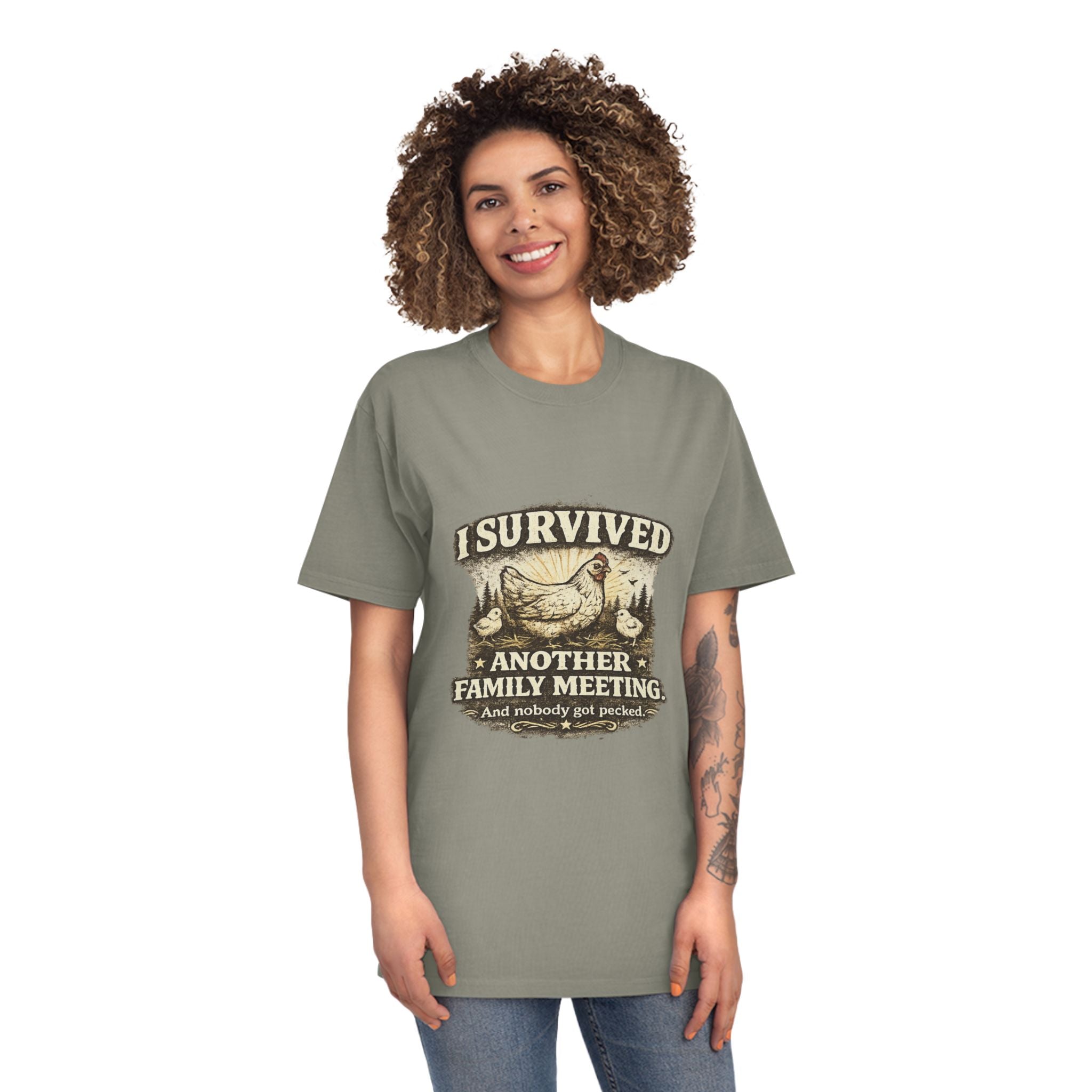 T-Shirt — "I Survived Another Family Meeting" Vintage Chicken Humor Tee
