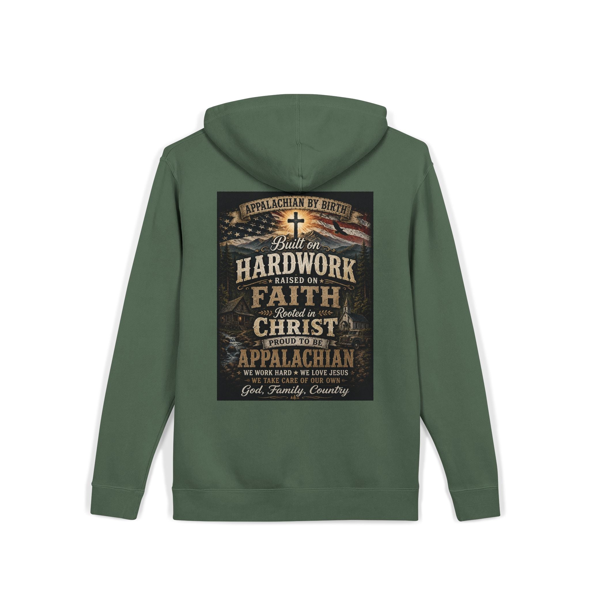 Appalachian Faith Hoodie — "Too Country to Care" Pigment-Dyed Pullover