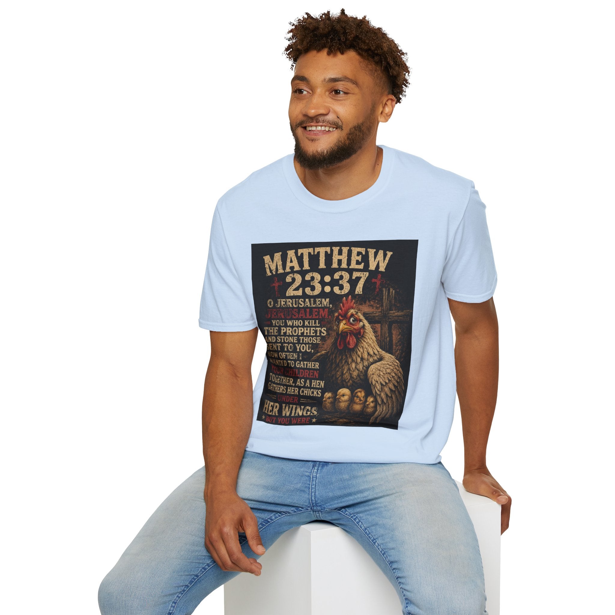 Matthew 23:37 Scripture T-Shirt — Jerusalem Biblical Verse Hen Design