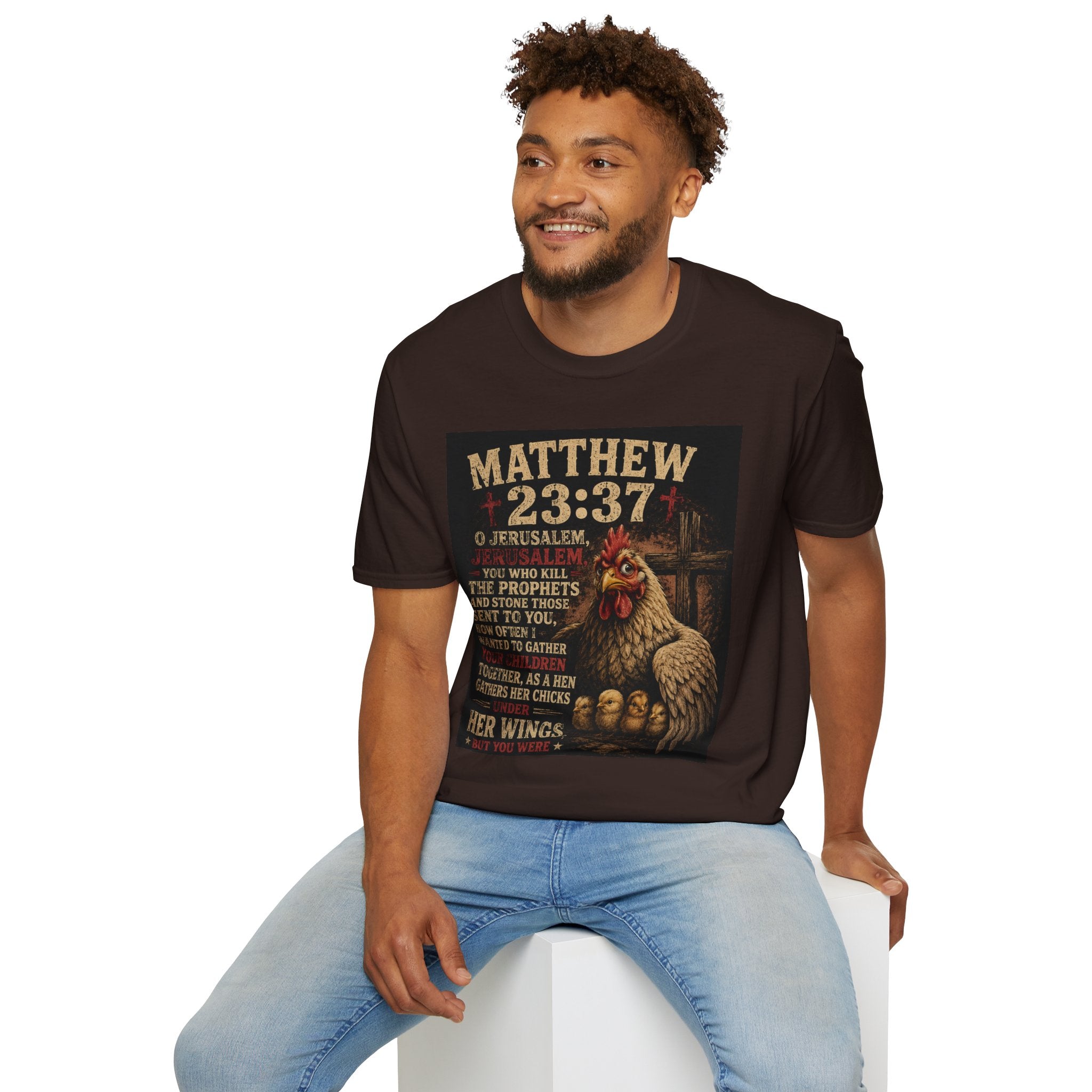 Matthew 23:37 Scripture T-Shirt — Jerusalem Biblical Verse Hen Design