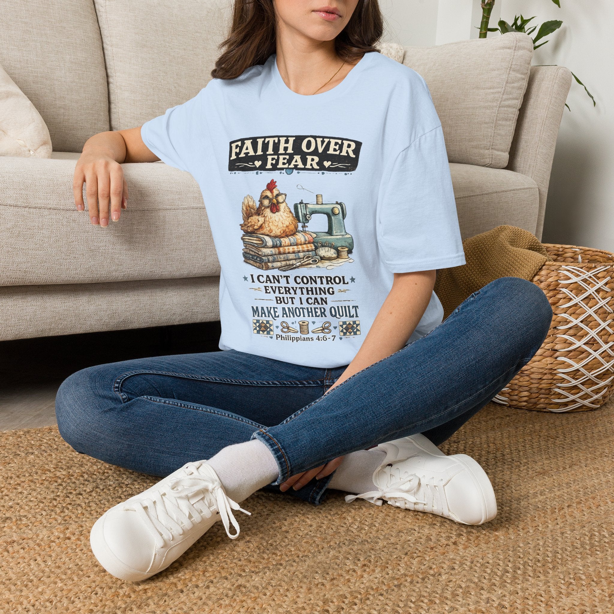 Faith Over Fear Quilting T‑Shirt — Chicken & Sewing Machine Graphic