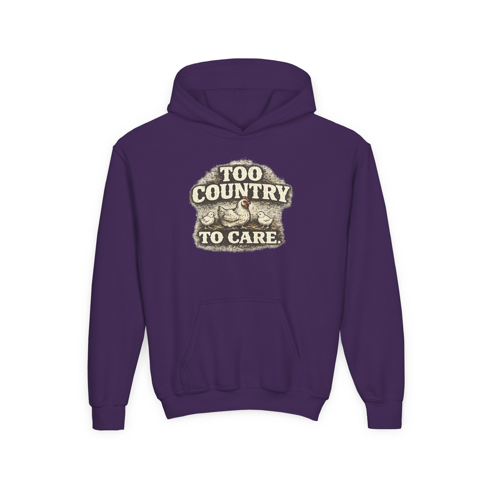 Youth Hoodie — 'Too Country to Care' / Appalachian Faith Graphic