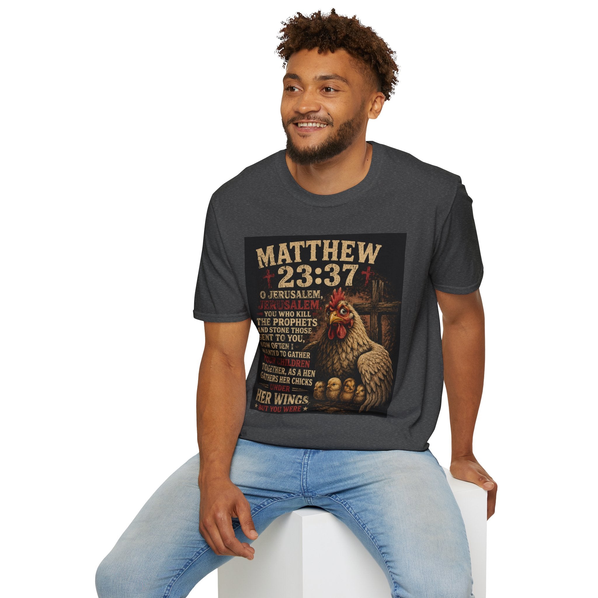 Matthew 23:37 Scripture T-Shirt — Jerusalem Biblical Verse Hen Design