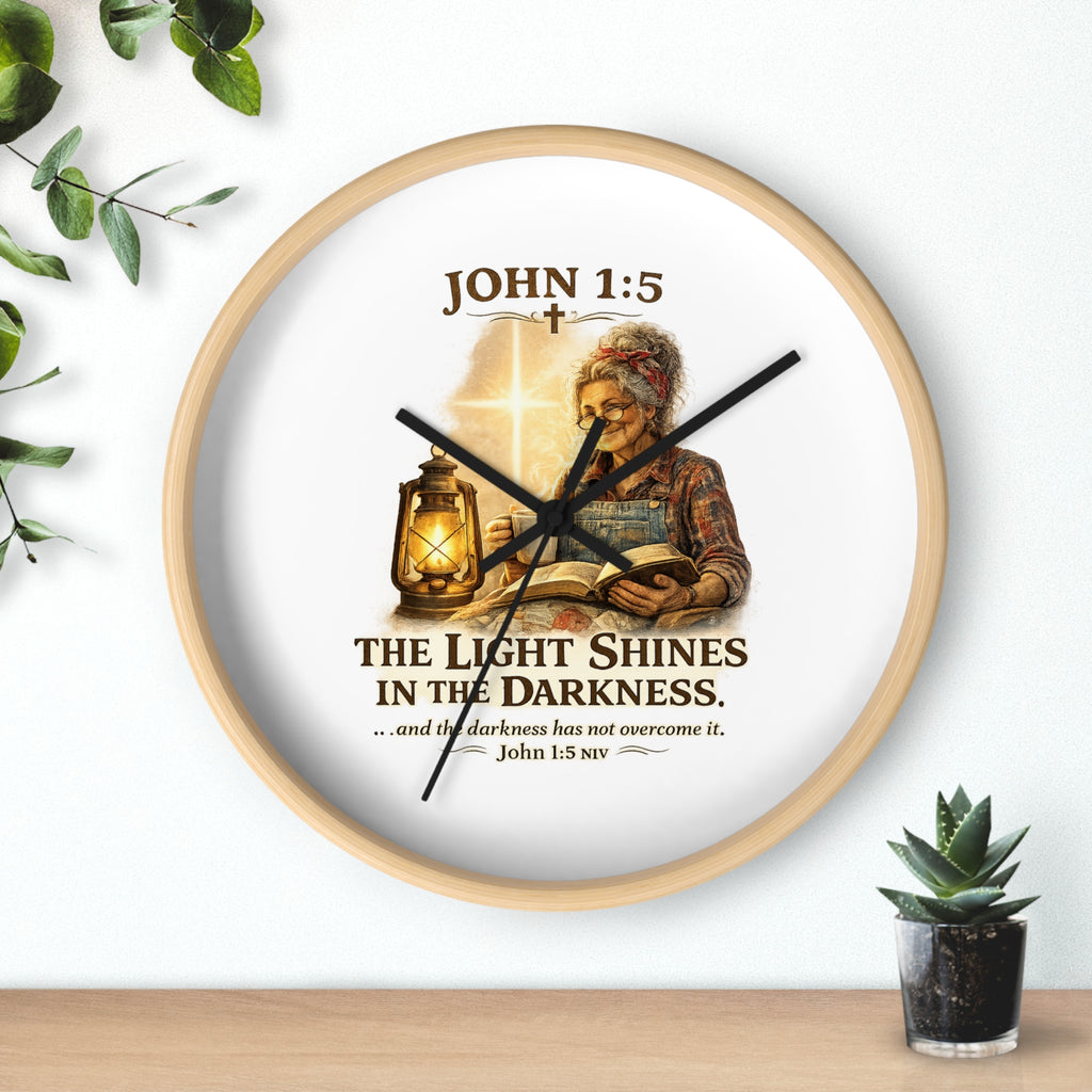 John 1:5 Wall Clock — "The Light Shines in the Darkness" Christian Decorative Clock