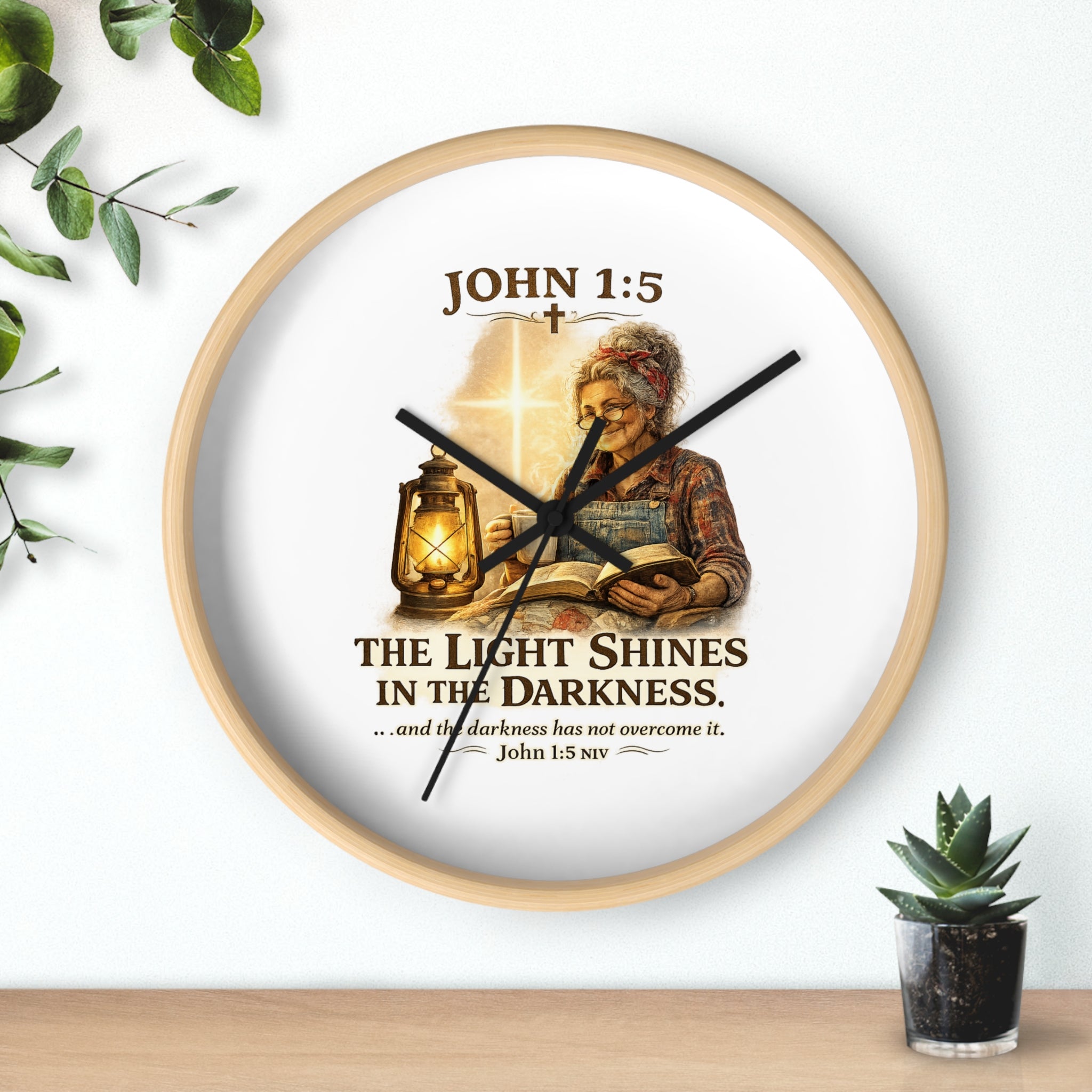 John 1:5 Wall Clock — "The Light Shines in the Darkness" Christian Decorative Clock