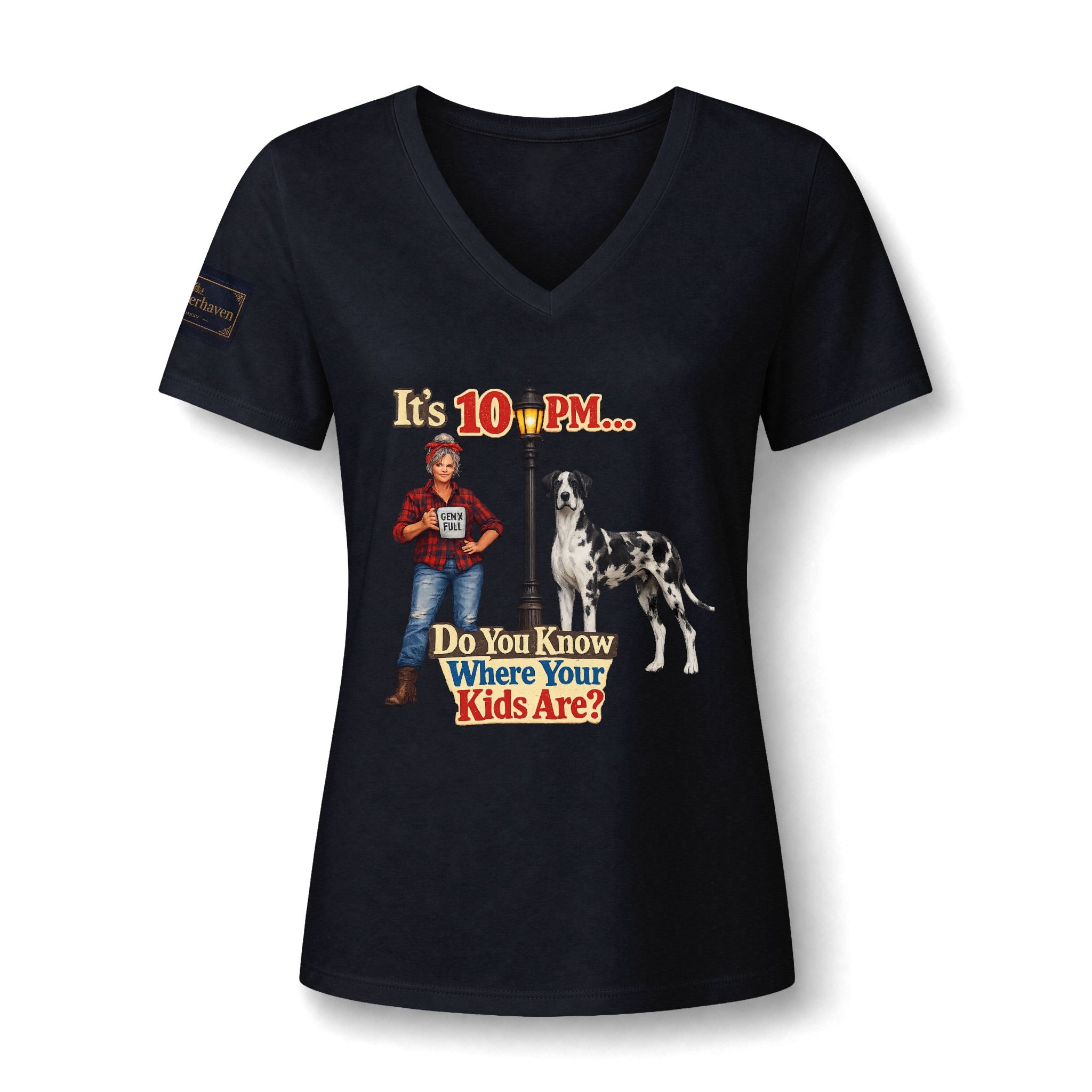 V-Neck Tee — "It's 10 PM... Do You Know Where Your Kids Are?" Retro Dog Graphic