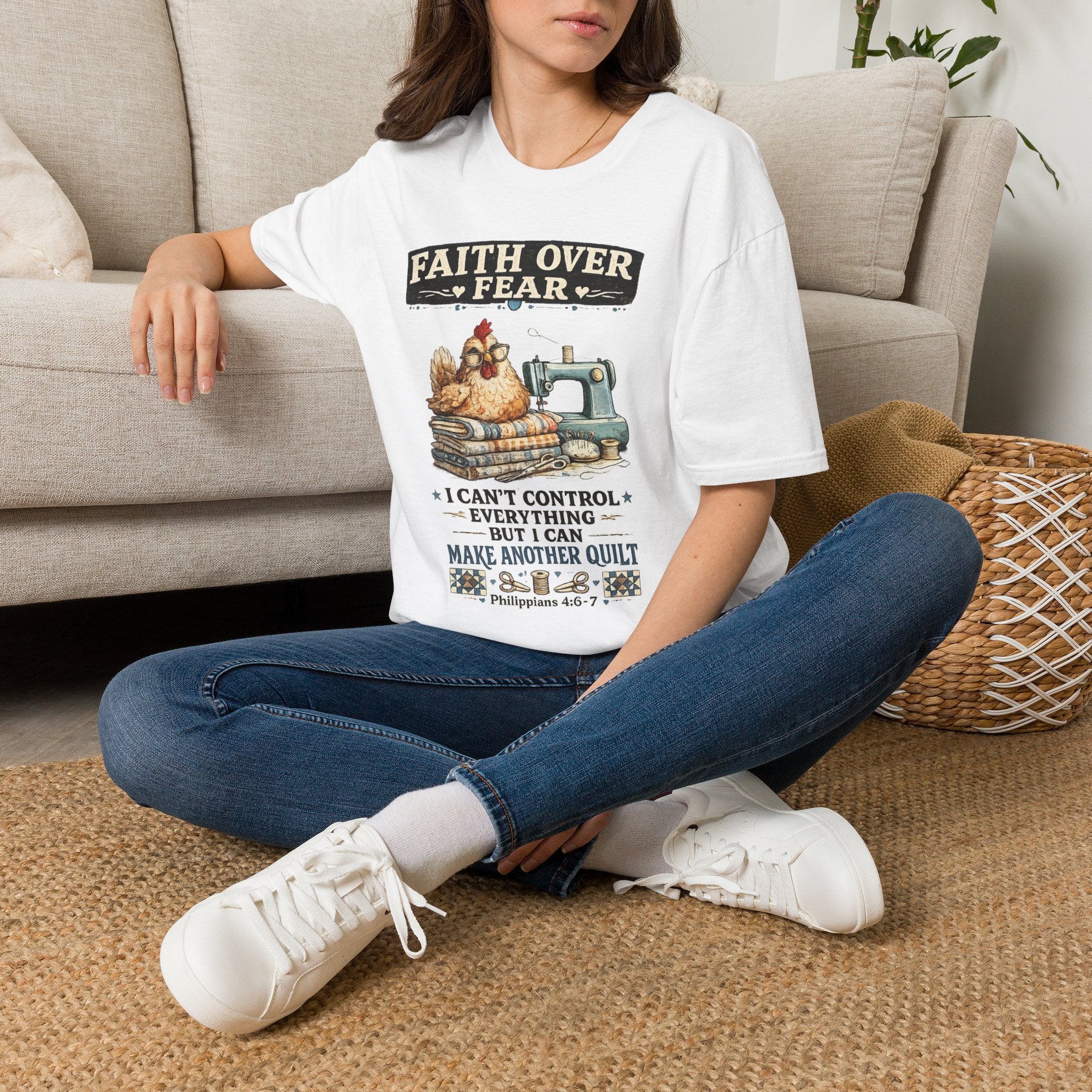 Faith Over Fear Quilting T‑Shirt — Chicken & Sewing Machine Graphic