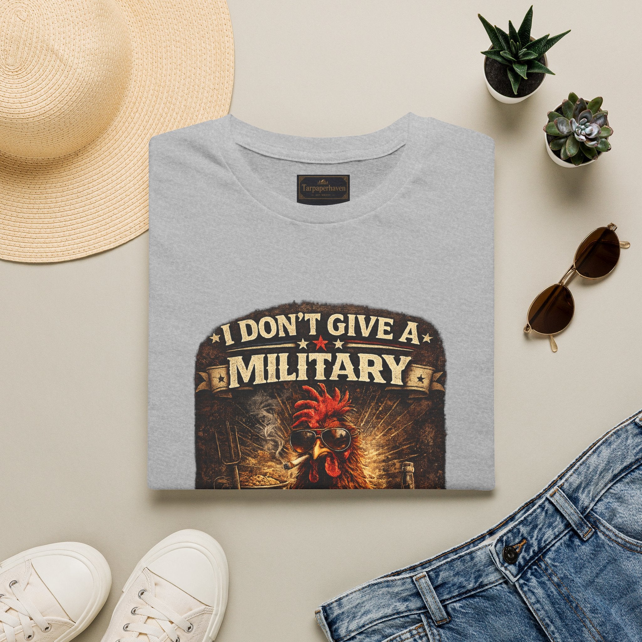 T‑Shirt — "I Don't Give A Military Cluck" Rooster Graphic Tee