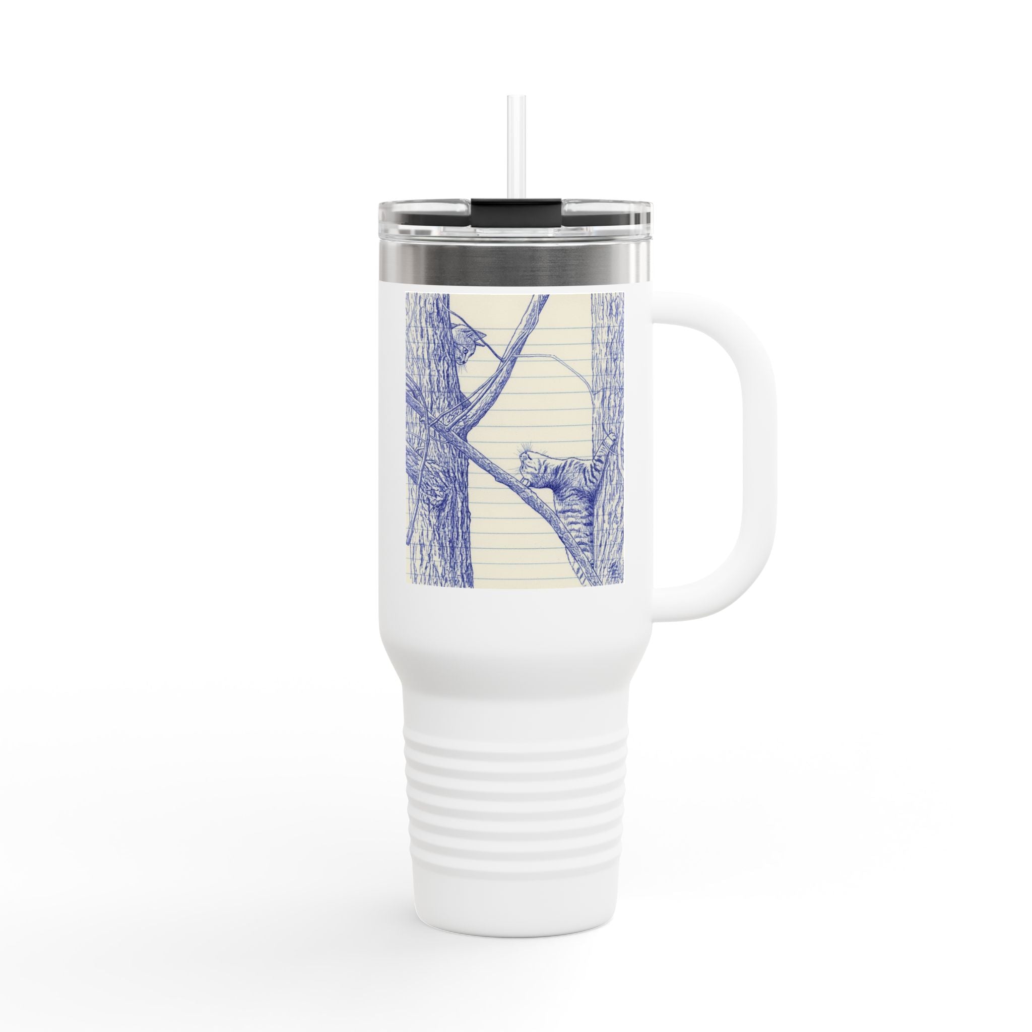 40oz Insulated Travel Mug — Blue Cats Playing in Trees Sketch Stainless Steel Tumbler