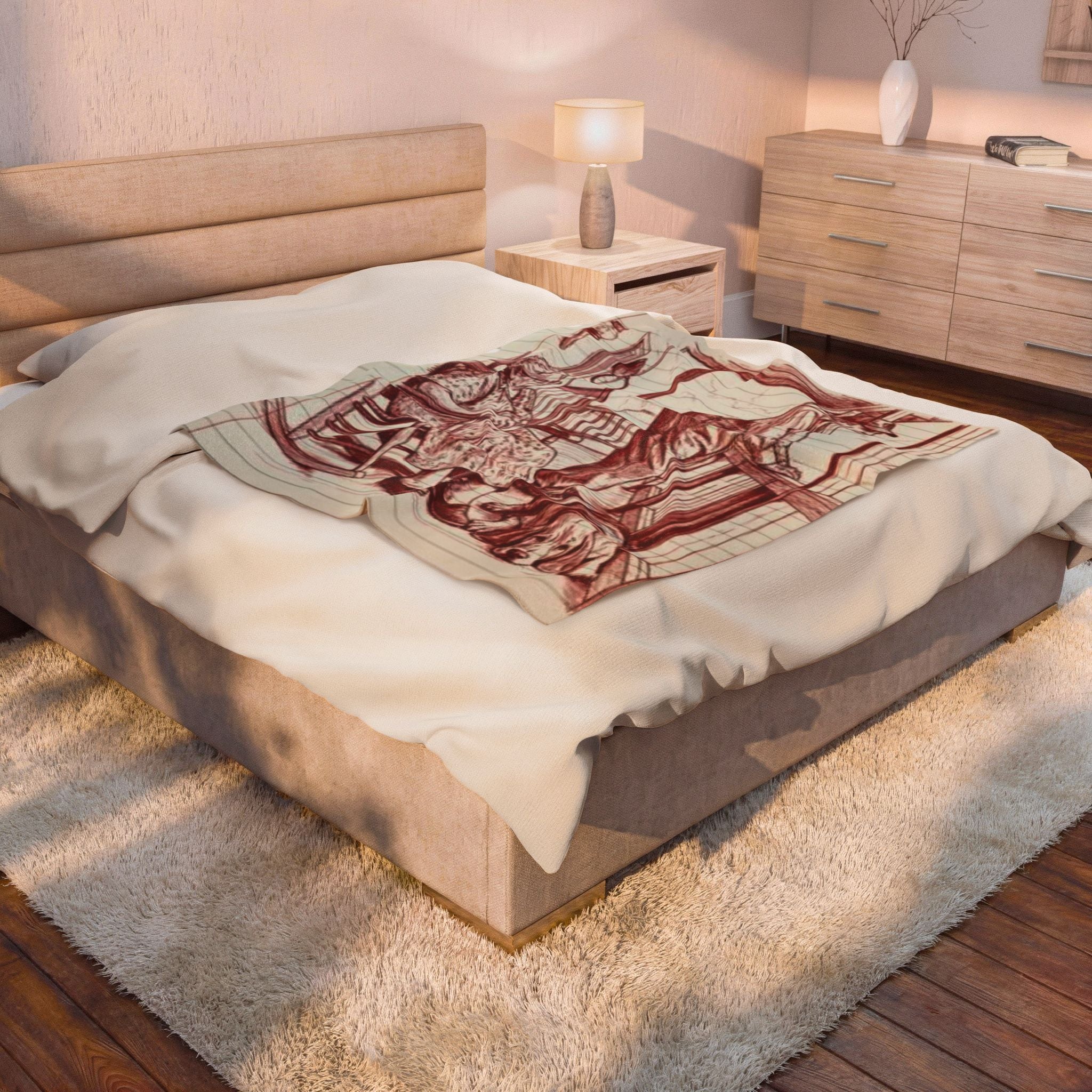 Red work Portrait Velveteen Plush Blanket — Vintage Sketch of Elder Couple & Dog