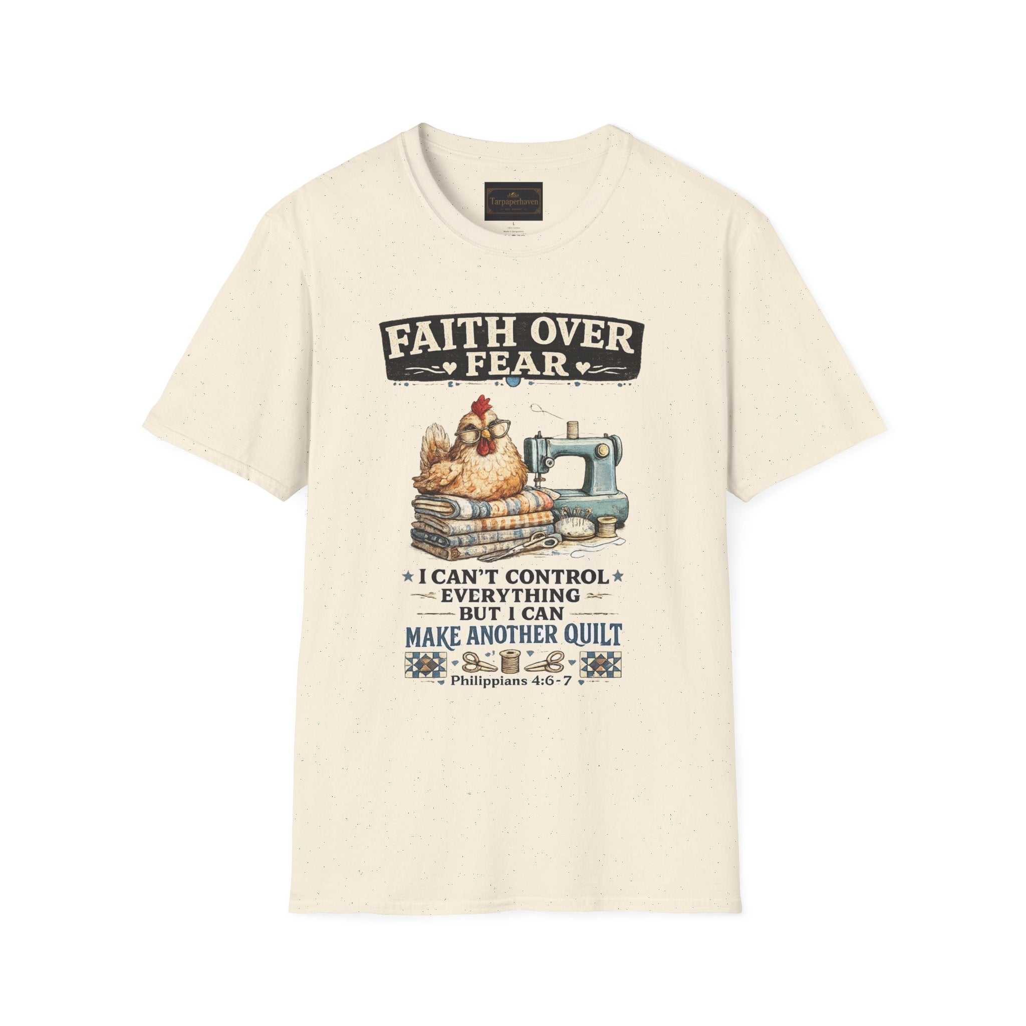 Faith Over Fear Quilting T‑Shirt — Chicken & Sewing Machine Graphic