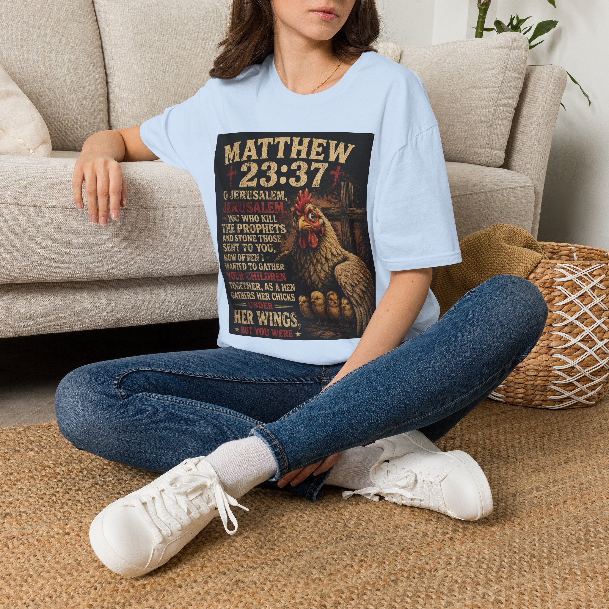 Matthew 23:37 Scripture T-Shirt — Jerusalem Biblical Verse Hen Design
