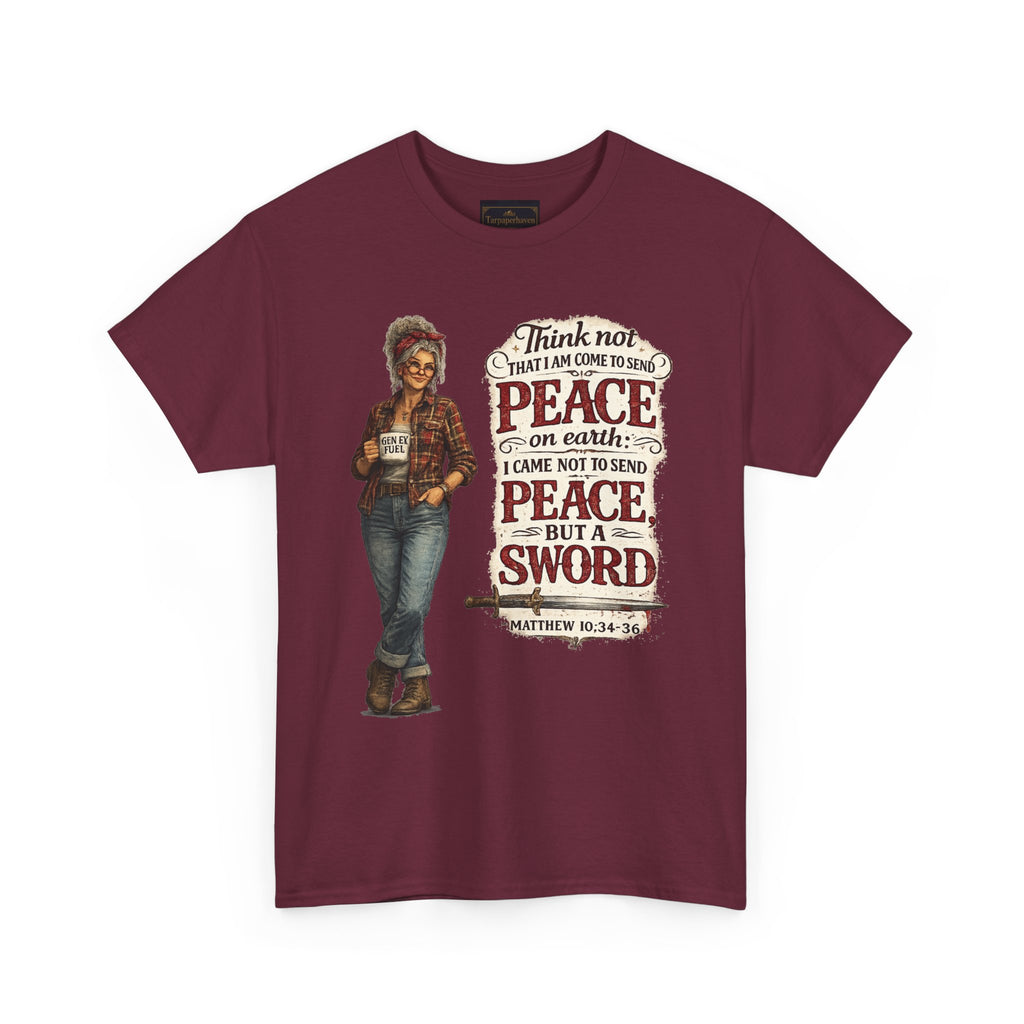 Christian Faith Tee — "I Come Not to Send Peace but a Sword" Matthew 10:34 Graphic Shirt