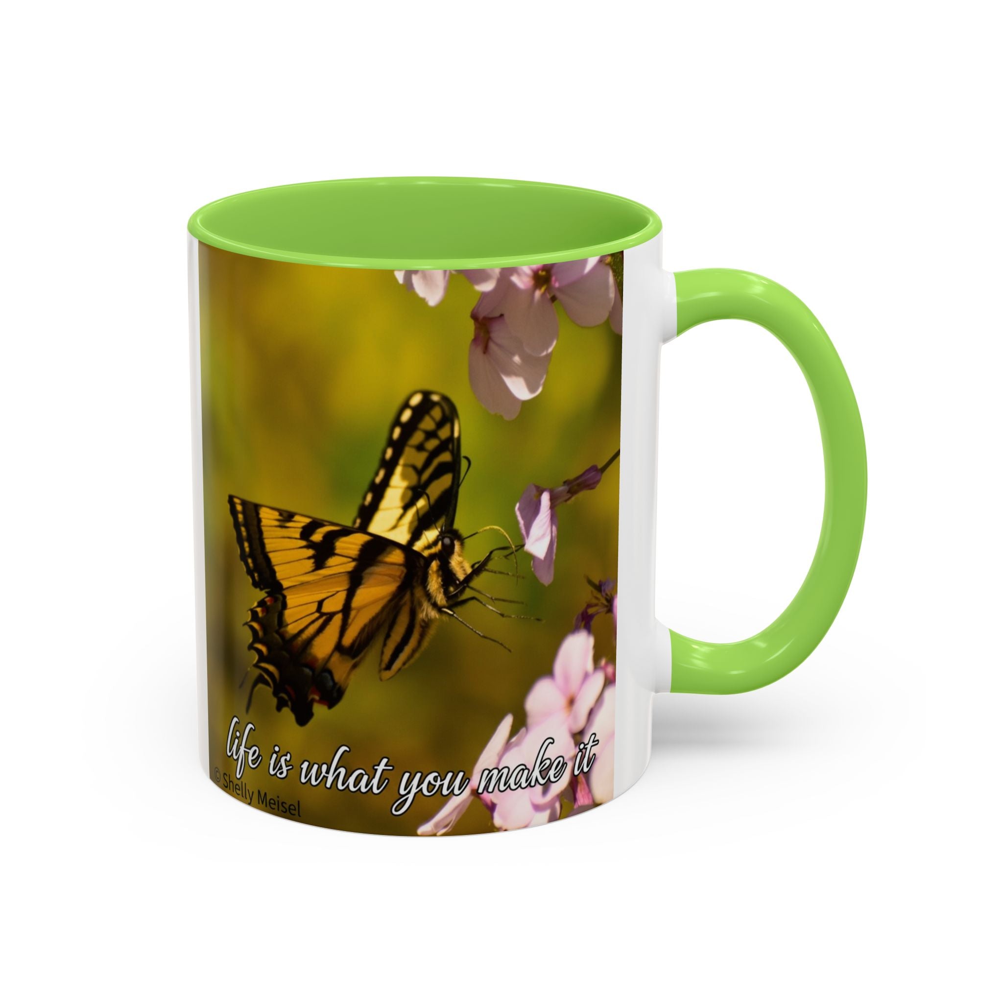 Butterfly Floral Mug — "Life Is What You Make It" Inspirational Coffee Cup