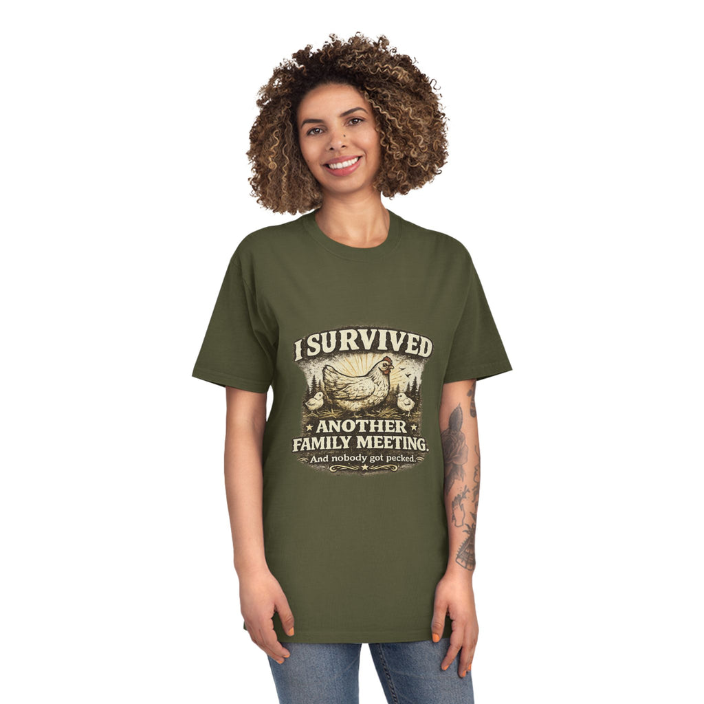 T-Shirt — "I Survived Another Family Meeting" Vintage Chicken Humor Tee
