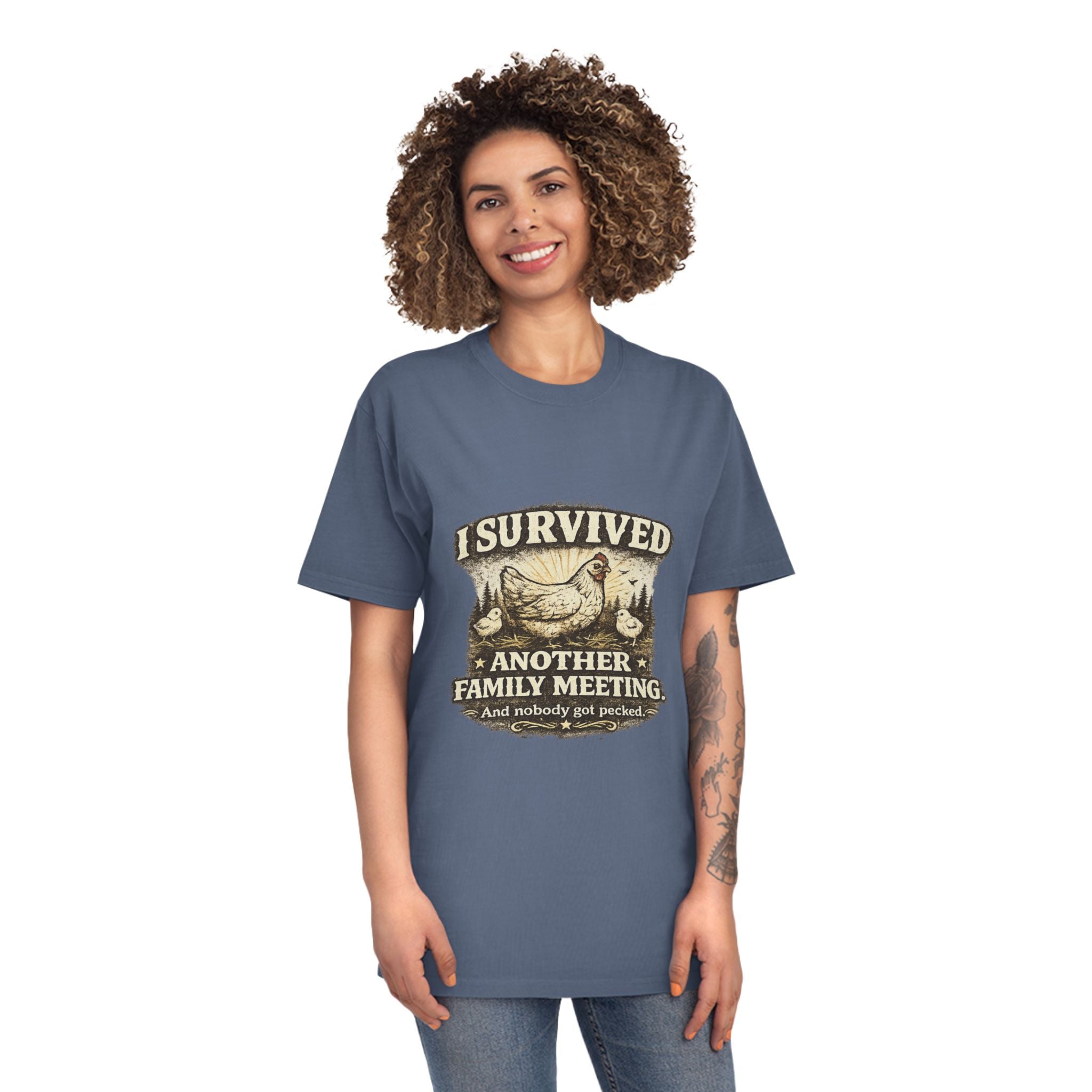 T-Shirt — "I Survived Another Family Meeting" Vintage Chicken Humor Tee