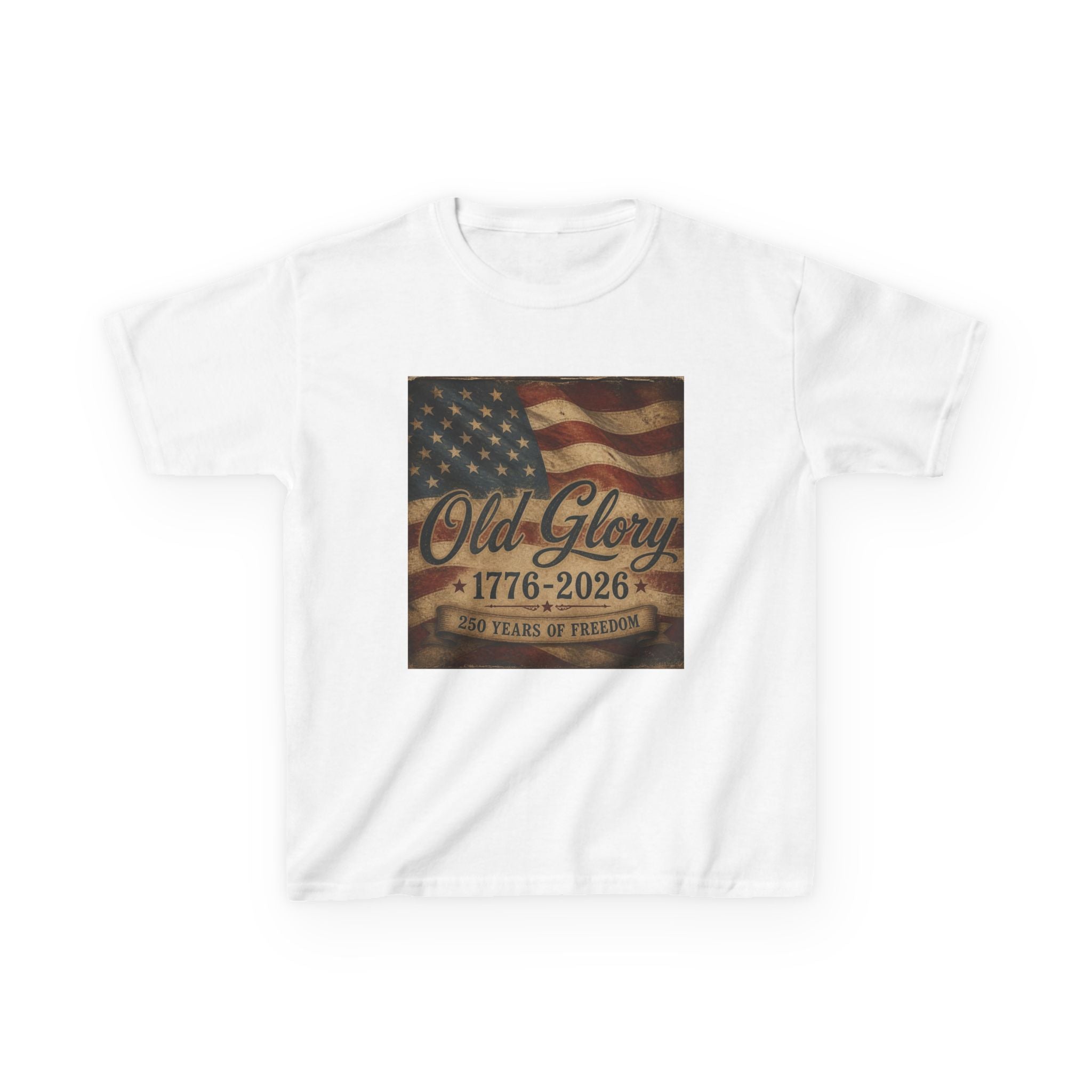 Kids T‑Shirt — "Old Glory 1776–2026" Vintage American Flag Patriotic Tee