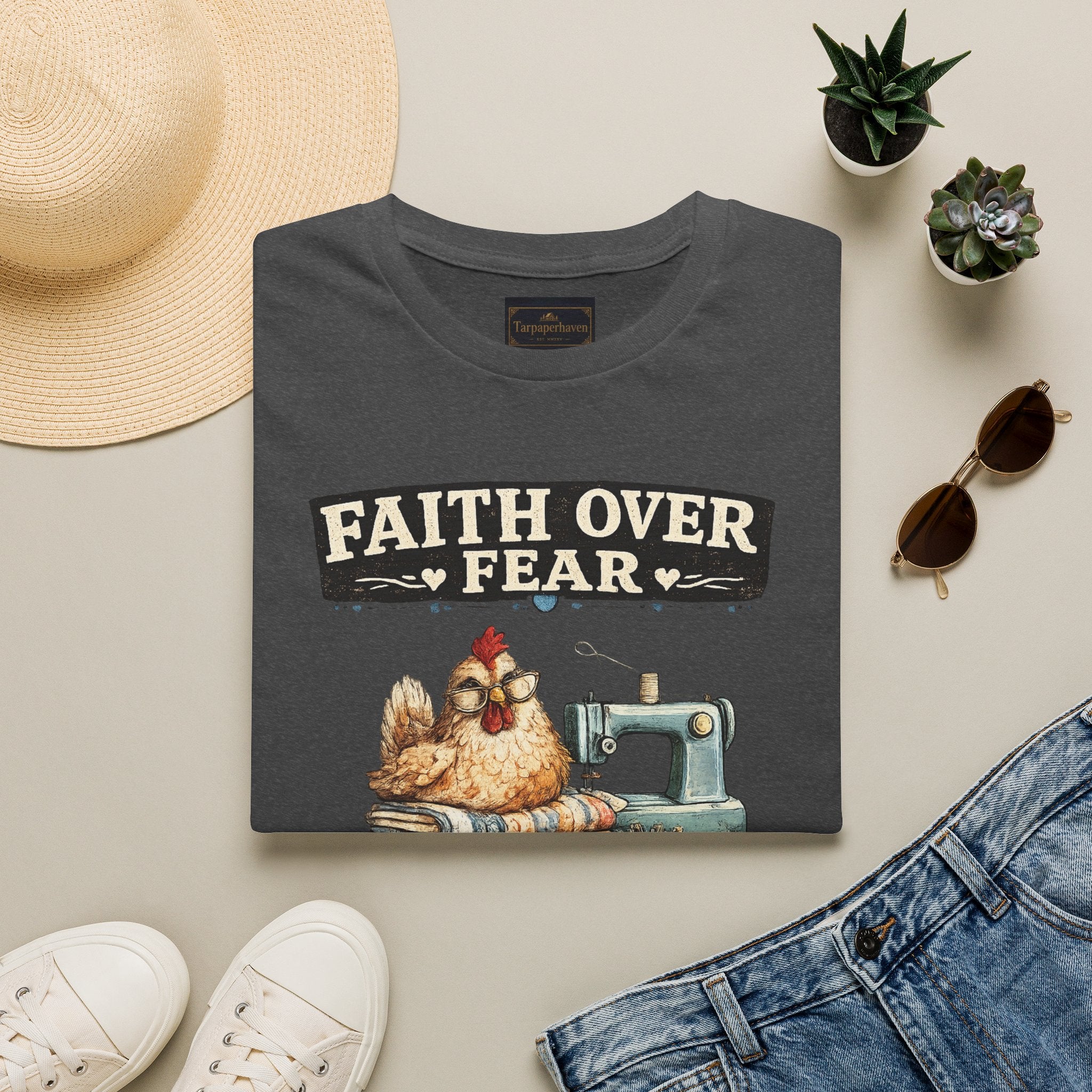 Faith Over Fear Quilting T‑Shirt — Chicken & Sewing Machine Graphic