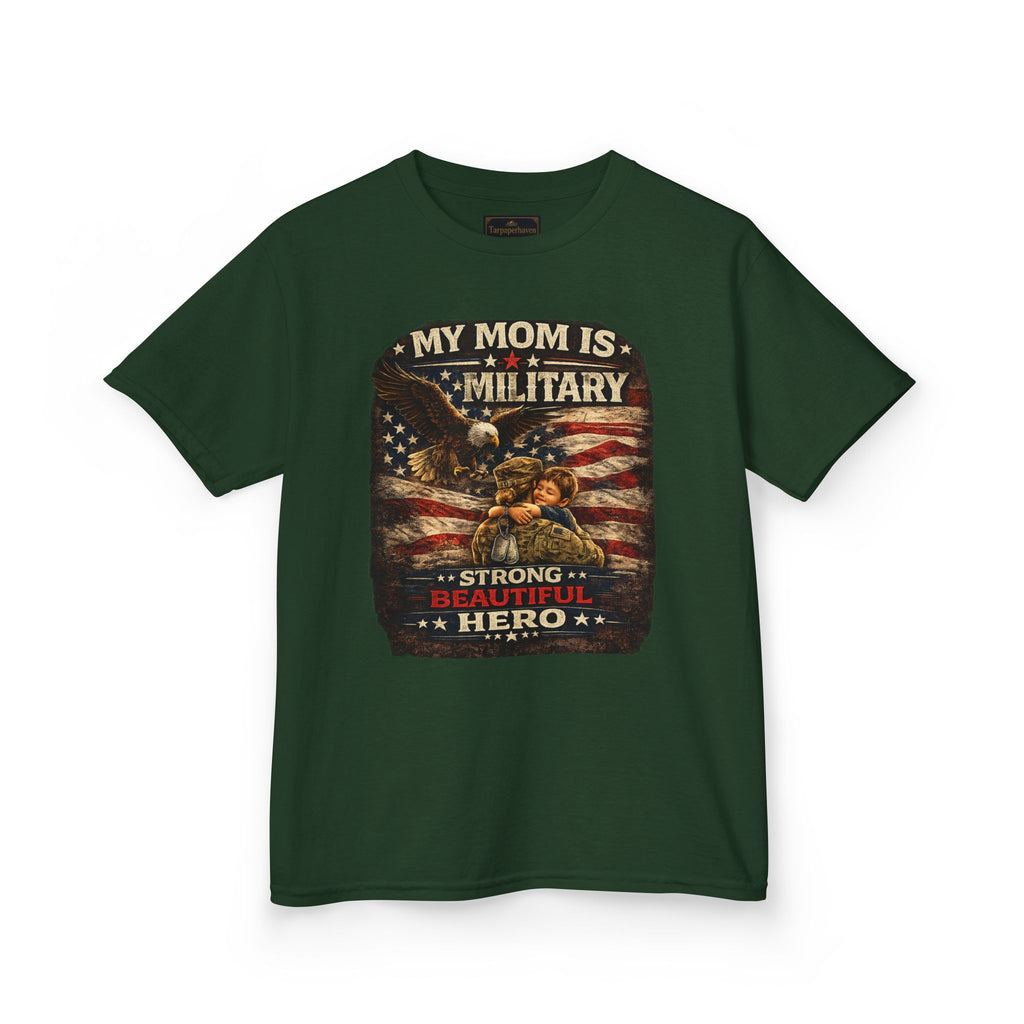 Kids Tee — "My Mom Is Military" Patriotic American Flag Shirt