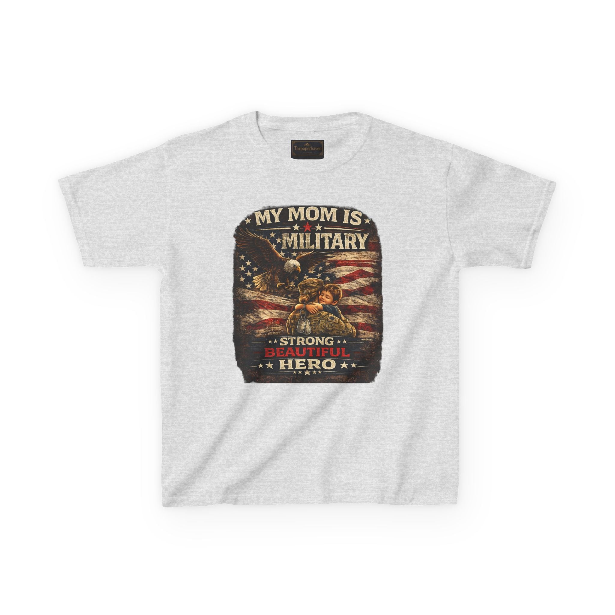 Kids Tee — "My Mom Is Military" Patriotic American Flag Shirt