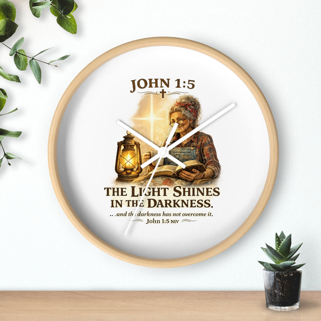 John 1:5 Wall Clock — "The Light Shines in the Darkness" Christian Decorative Clock