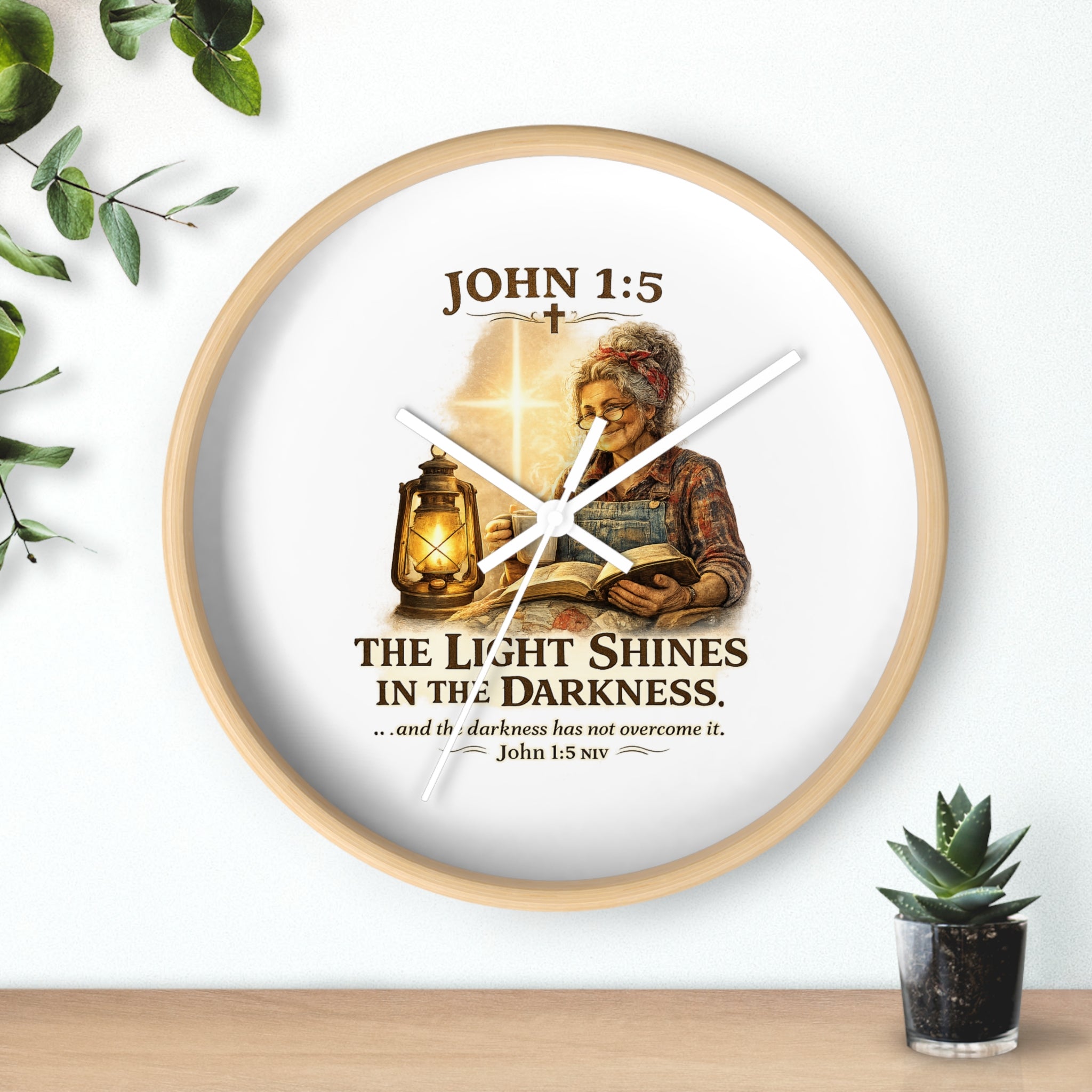 John 1:5 Wall Clock — "The Light Shines in the Darkness" Christian Decorative Clock