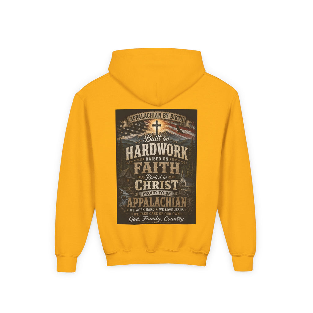 Youth Hoodie — 'Too Country to Care' / Appalachian Faith Graphic