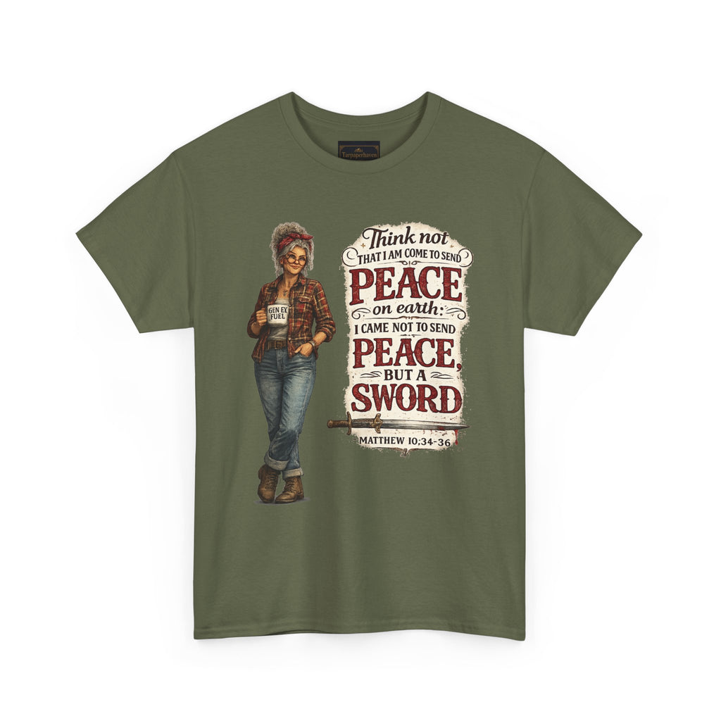 Christian Faith Tee — "I Come Not to Send Peace but a Sword" Matthew 10:34 Graphic Shirt