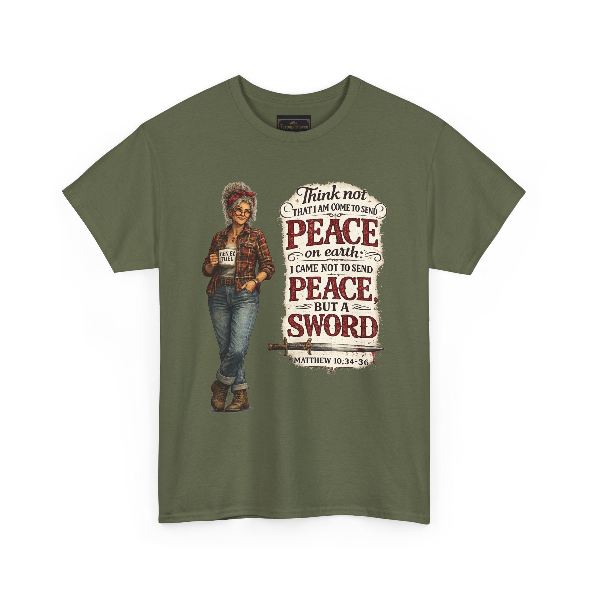 Christian Faith Tee — "I Come Not to Send Peace but a Sword" Matthew 10:34 Graphic Shirt