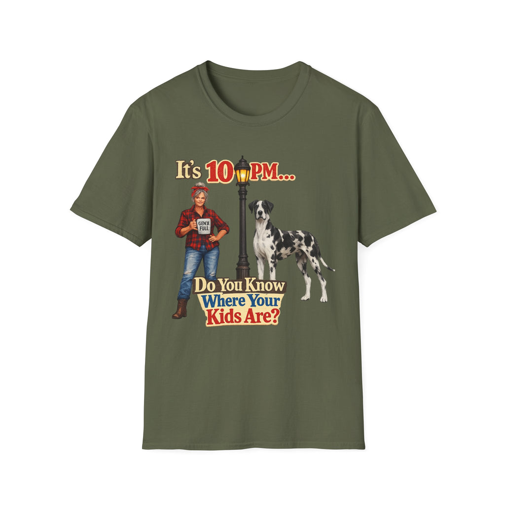 T‑Shirt — "It's 10 PM... Do You Know Where Your Kids Are?" Vintage Lamp & Dog Graphic