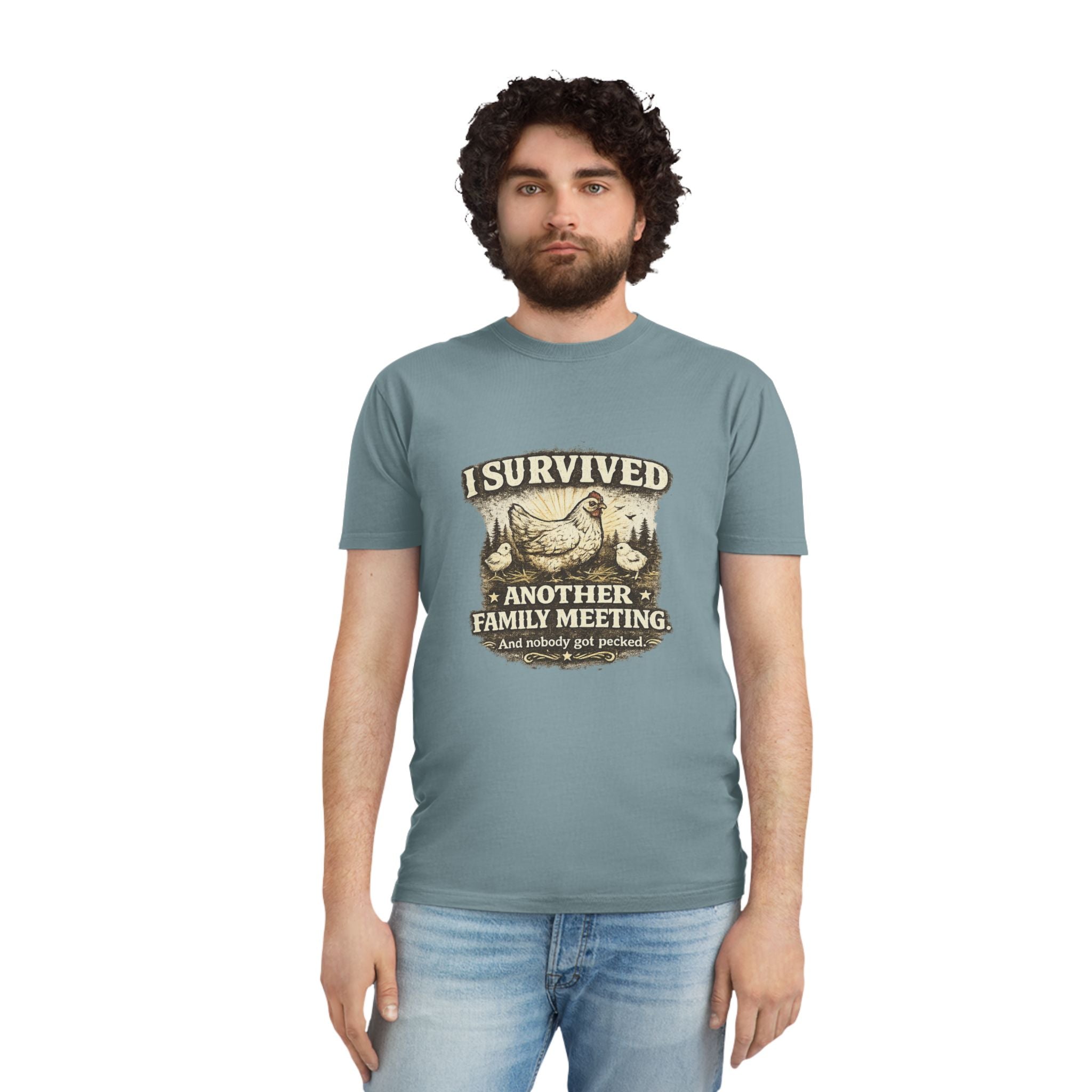 T-Shirt — "I Survived Another Family Meeting" Vintage Chicken Humor Tee