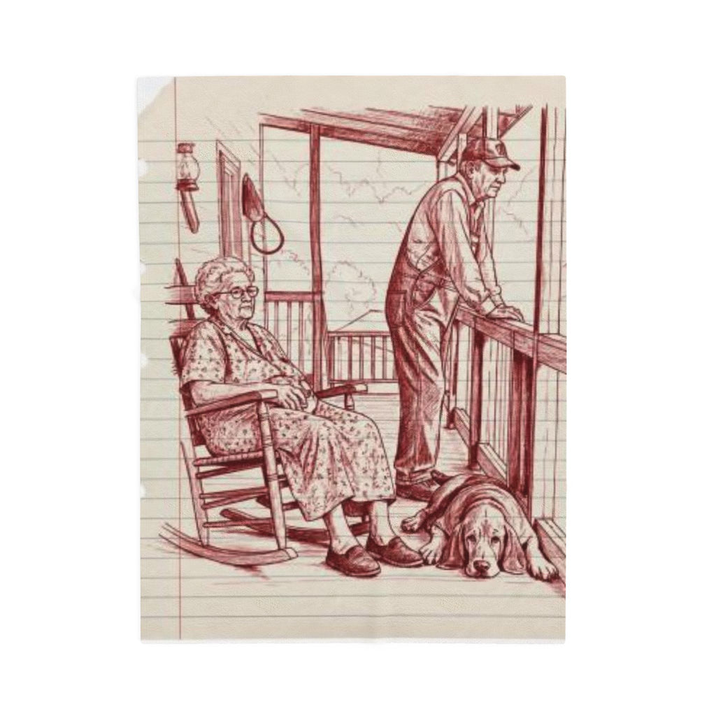 Red work Portrait Velveteen Plush Blanket — Vintage Sketch of Elder Couple & Dog