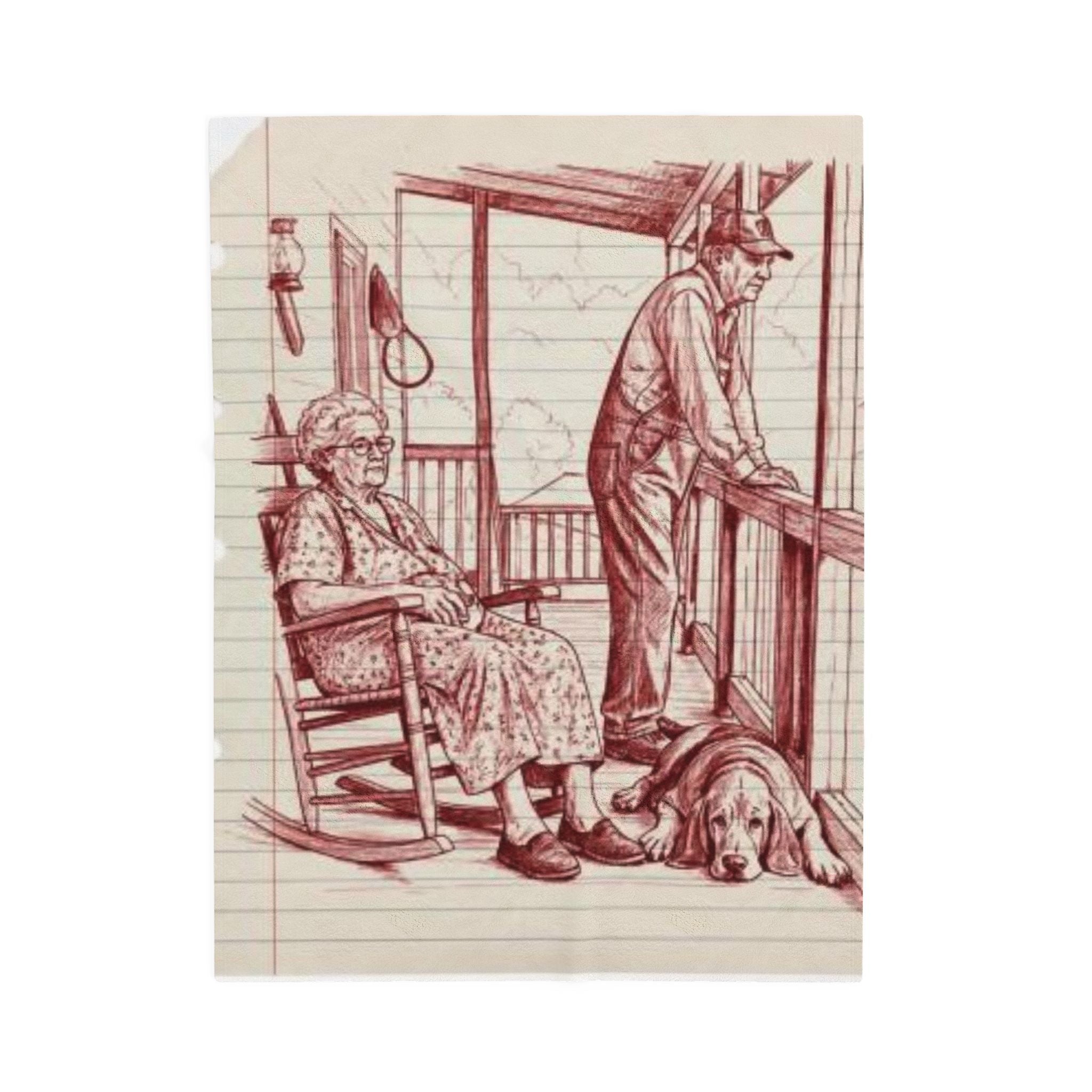 Red work Portrait Velveteen Plush Blanket — Vintage Sketch of Elder Couple & Dog