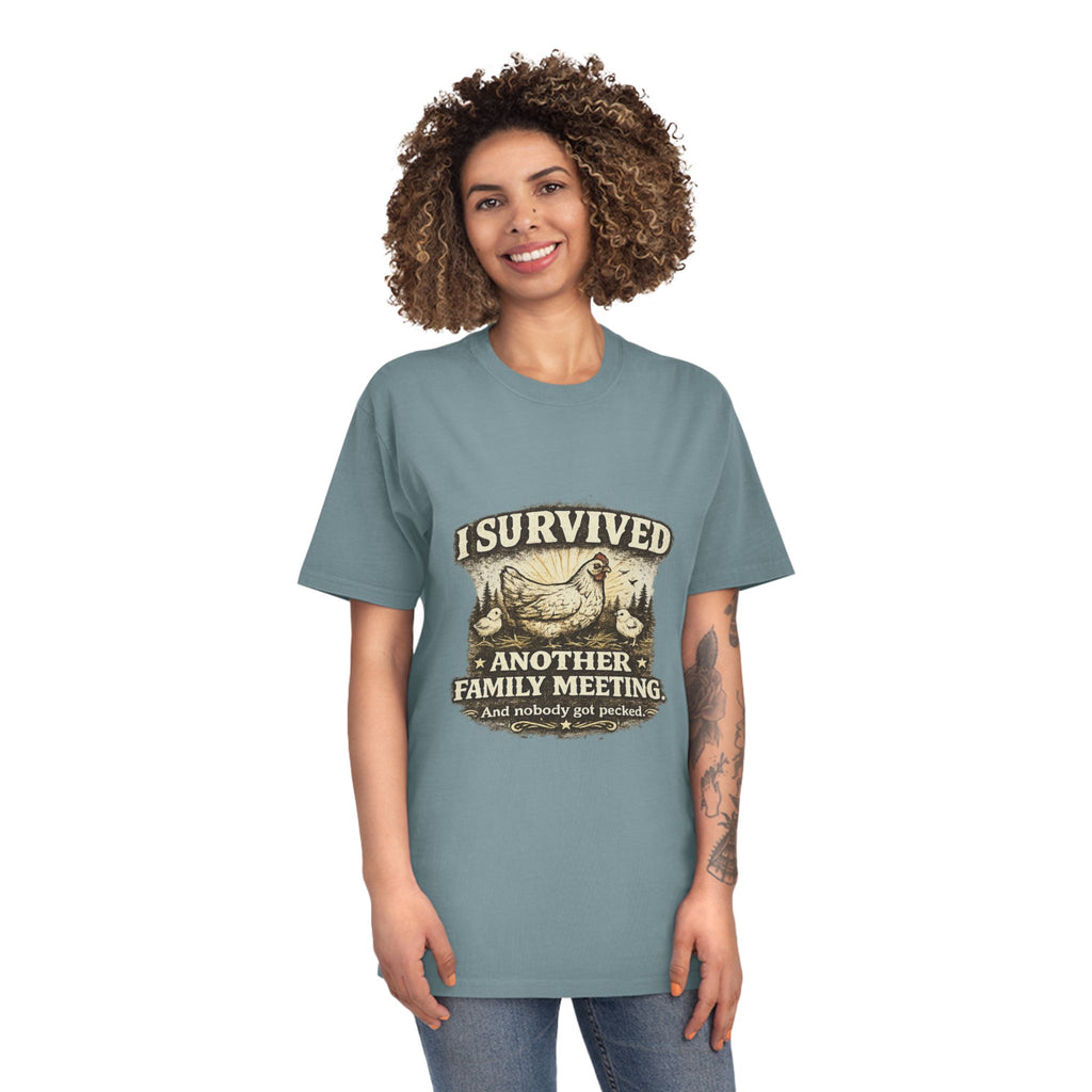 T-Shirt — "I Survived Another Family Meeting" Vintage Chicken Humor Tee