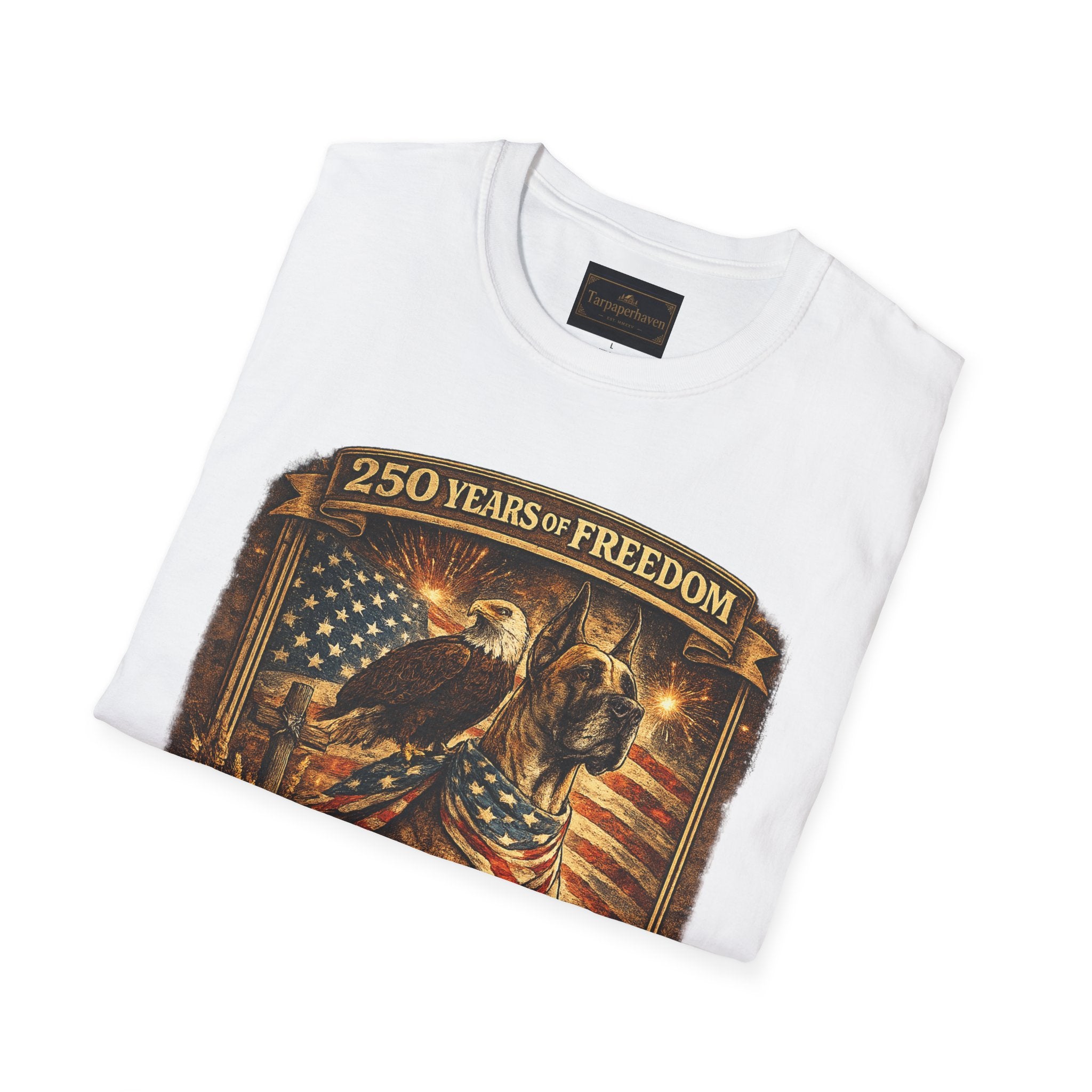 250 Years — Patriotic Bald Eagle & Great Dane  American Flag Tee