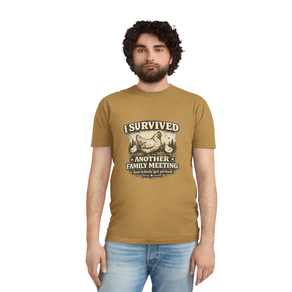 T-Shirt — "I Survived Another Family Meeting" Vintage Chicken Humor Tee