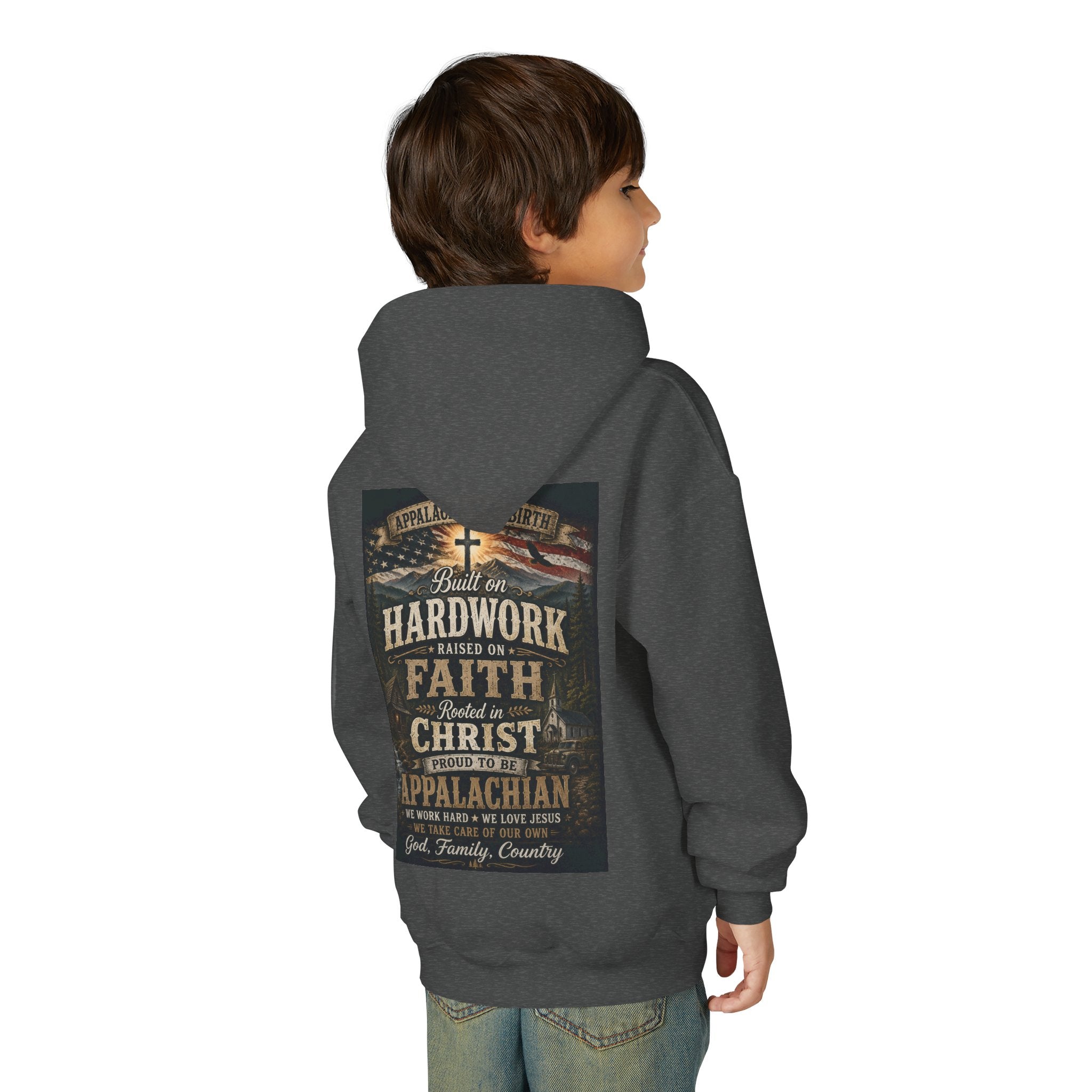 Youth Hoodie — 'Too Country to Care' / Appalachian Faith Graphic