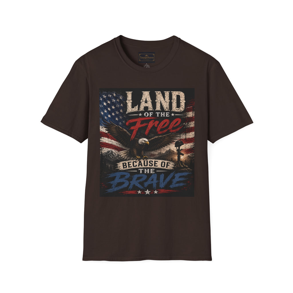 Land of the Free T‑Shirt — Vintage American Flag & Bald Eagle "Because of the Brave"