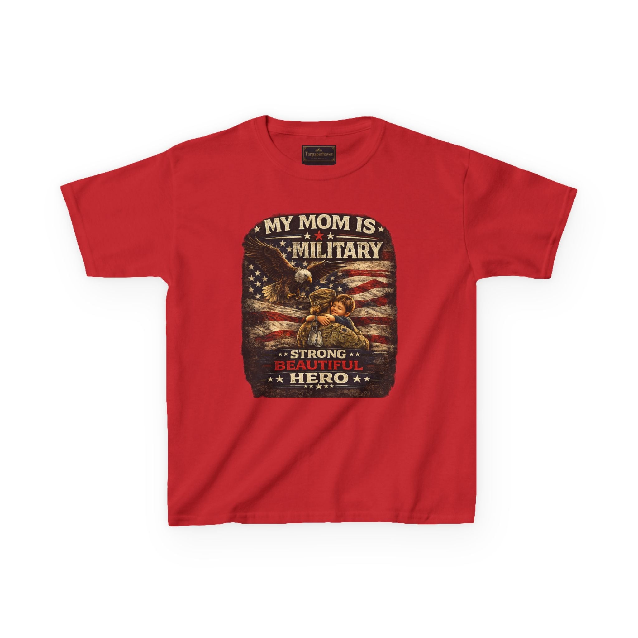 Kids Tee — "My Mom Is Military" Patriotic American Flag Shirt