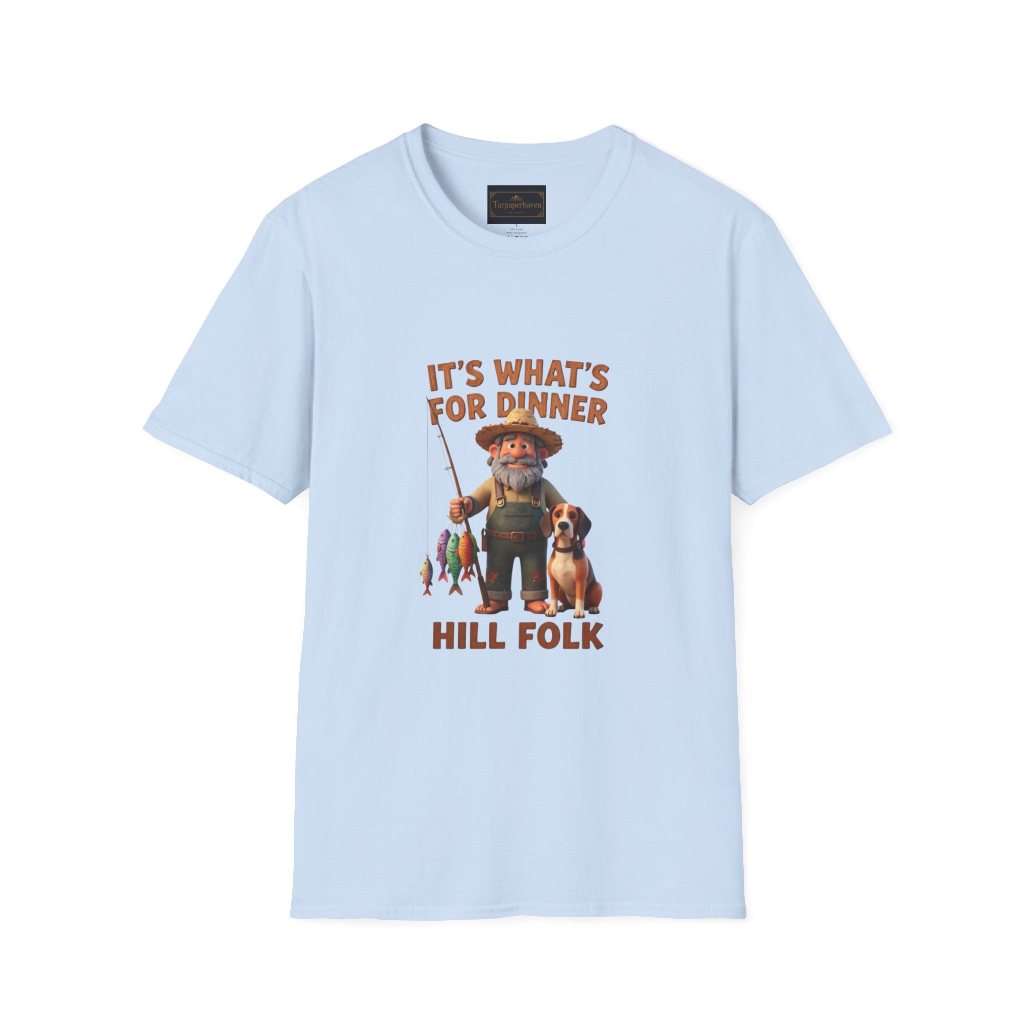 It's What's For Dinner Hill Folk T-Shirt — Rustic Fisherman & Dog Graphic Tee