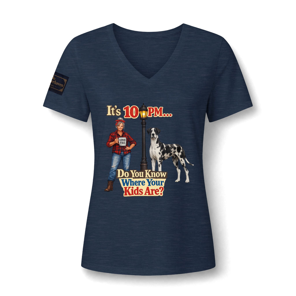 V-Neck Tee — "It's 10 PM... Do You Know Where Your Kids Are?" Retro Dog Graphic