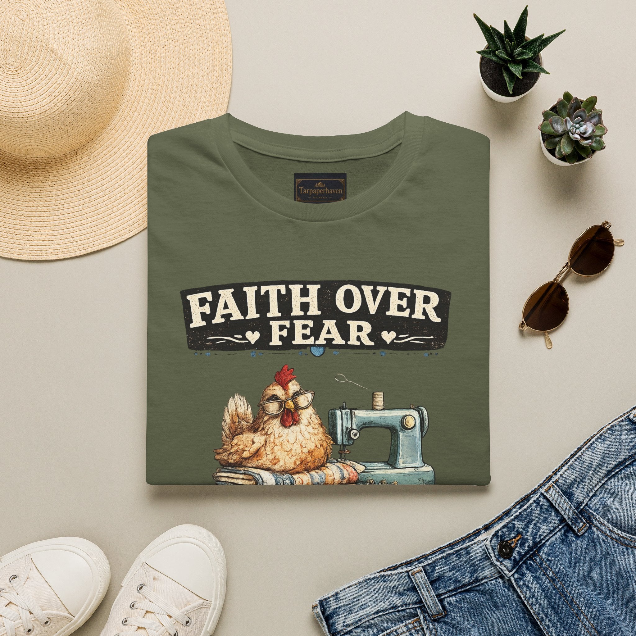 Faith Over Fear Quilting T‑Shirt — Chicken & Sewing Machine Graphic
