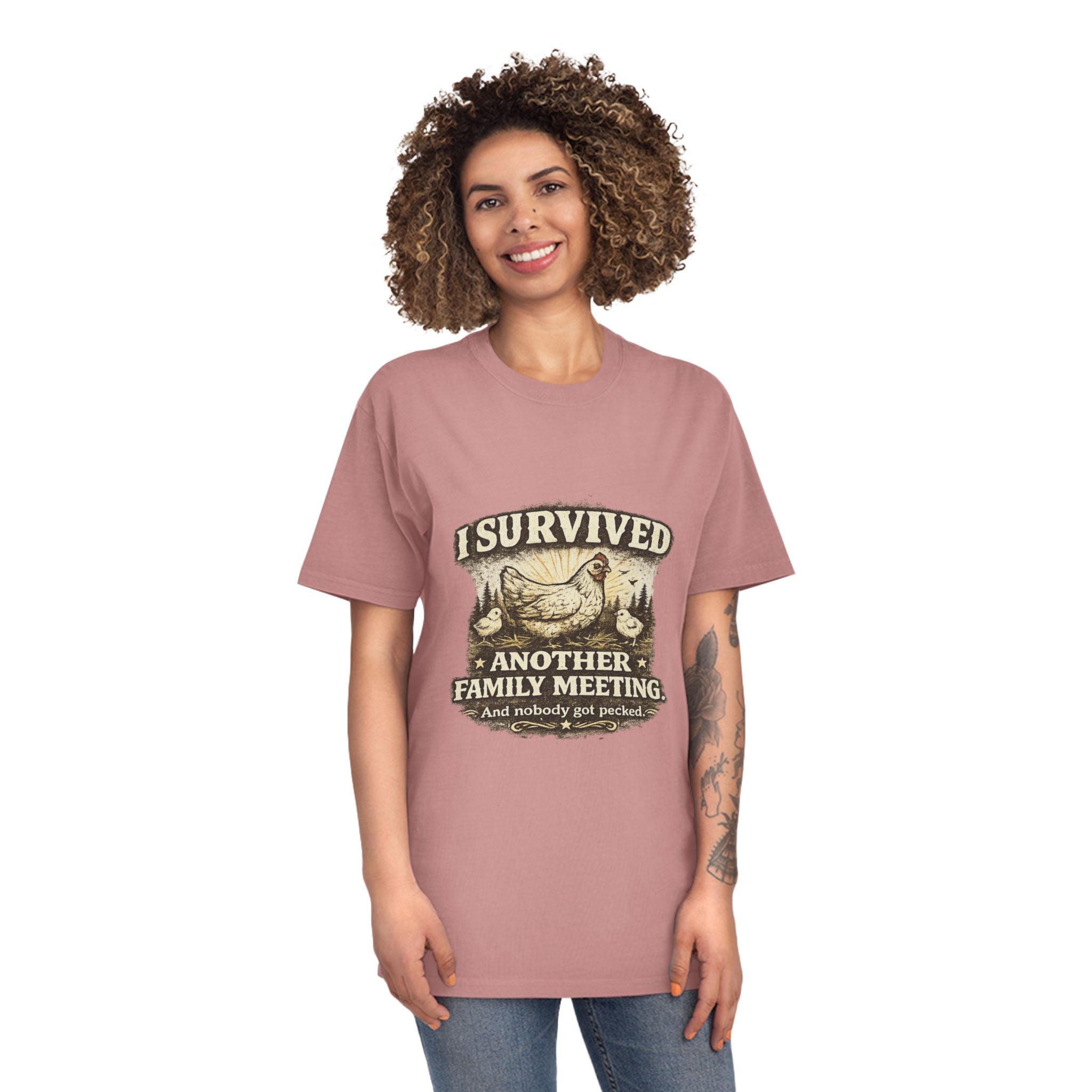 T-Shirt — "I Survived Another Family Meeting" Vintage Chicken Humor Tee