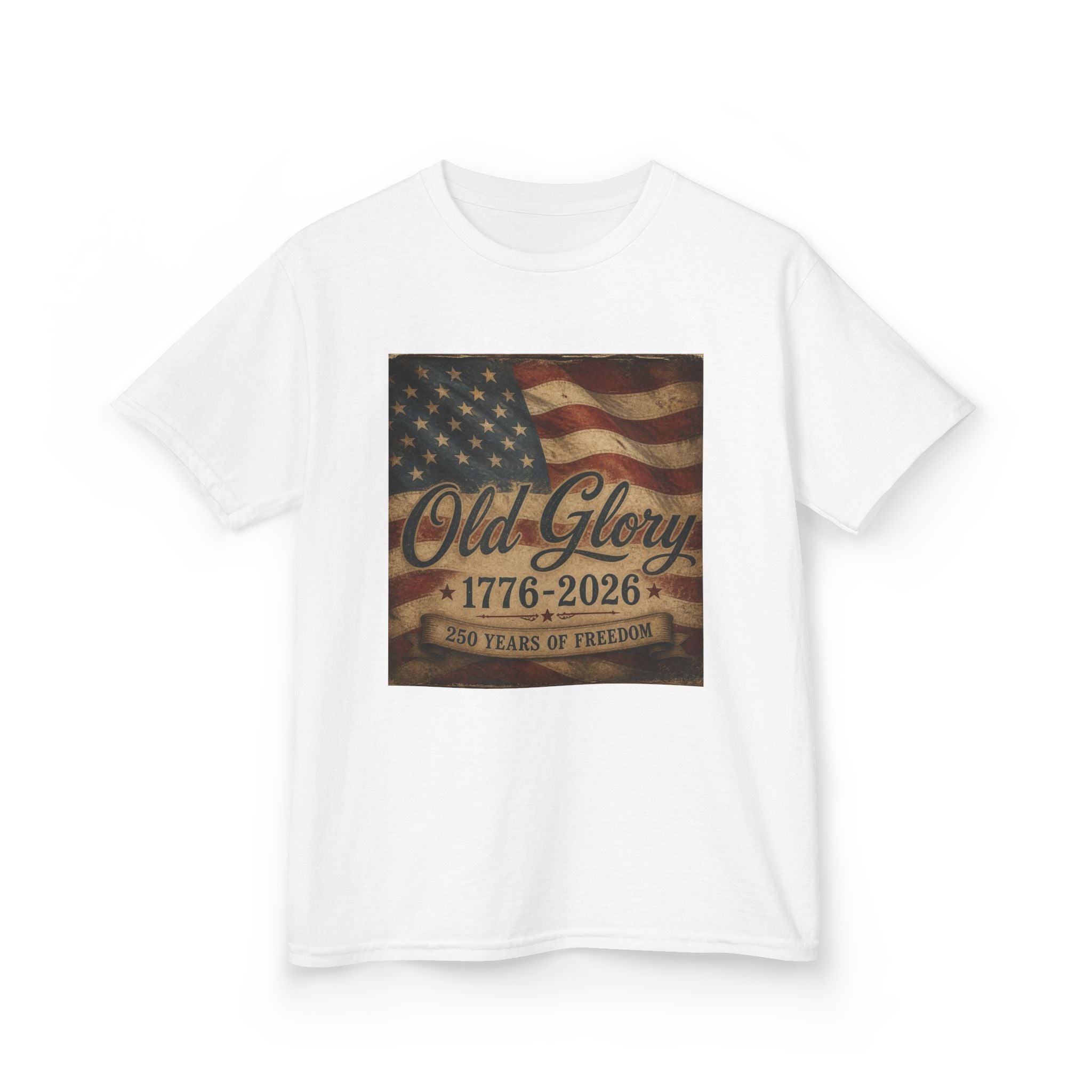 Kids T‑Shirt — "Old Glory 1776–2026" Vintage American Flag Patriotic Tee