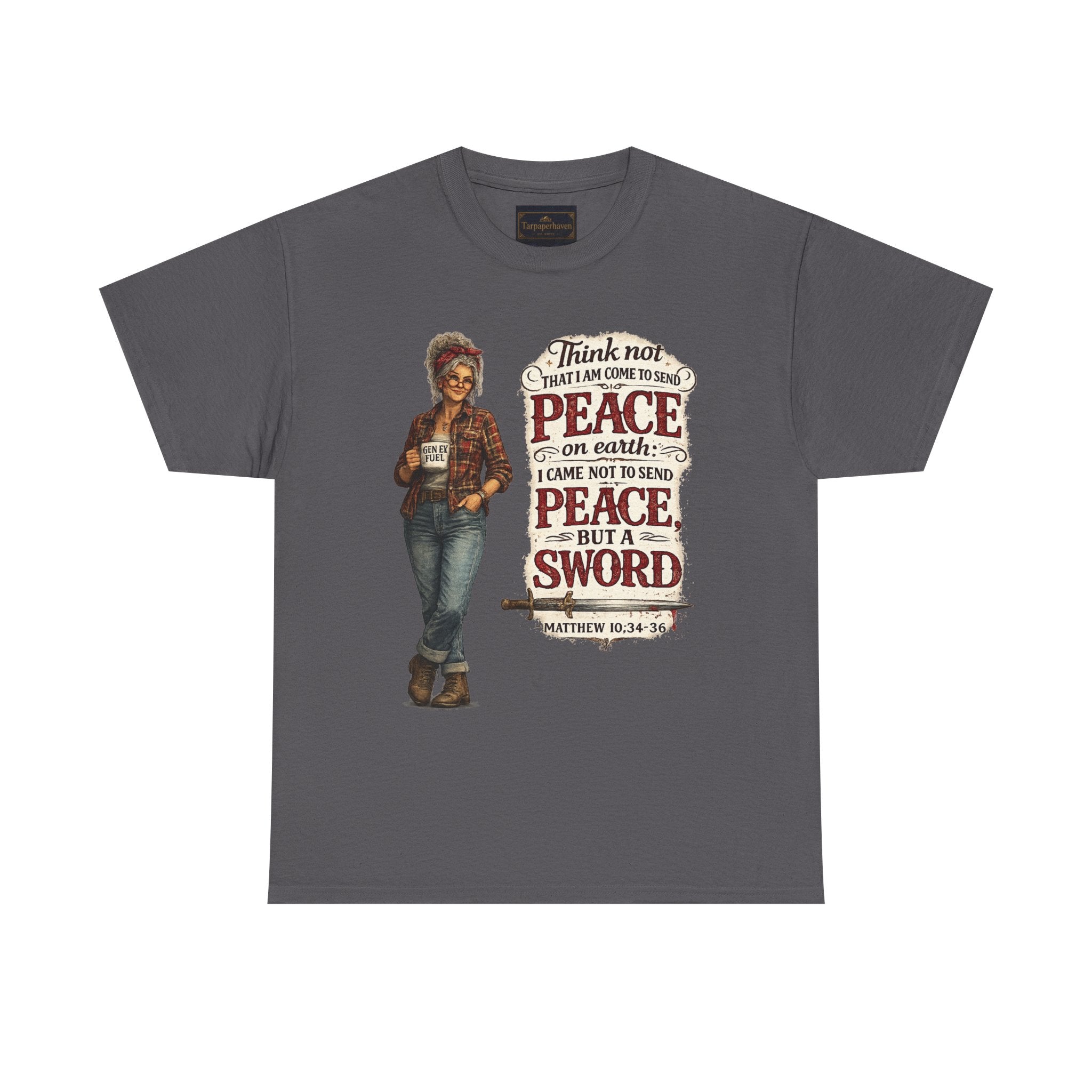 Christian Faith Tee — "I Come Not to Send Peace but a Sword" Matthew 10:34 Graphic Shirt