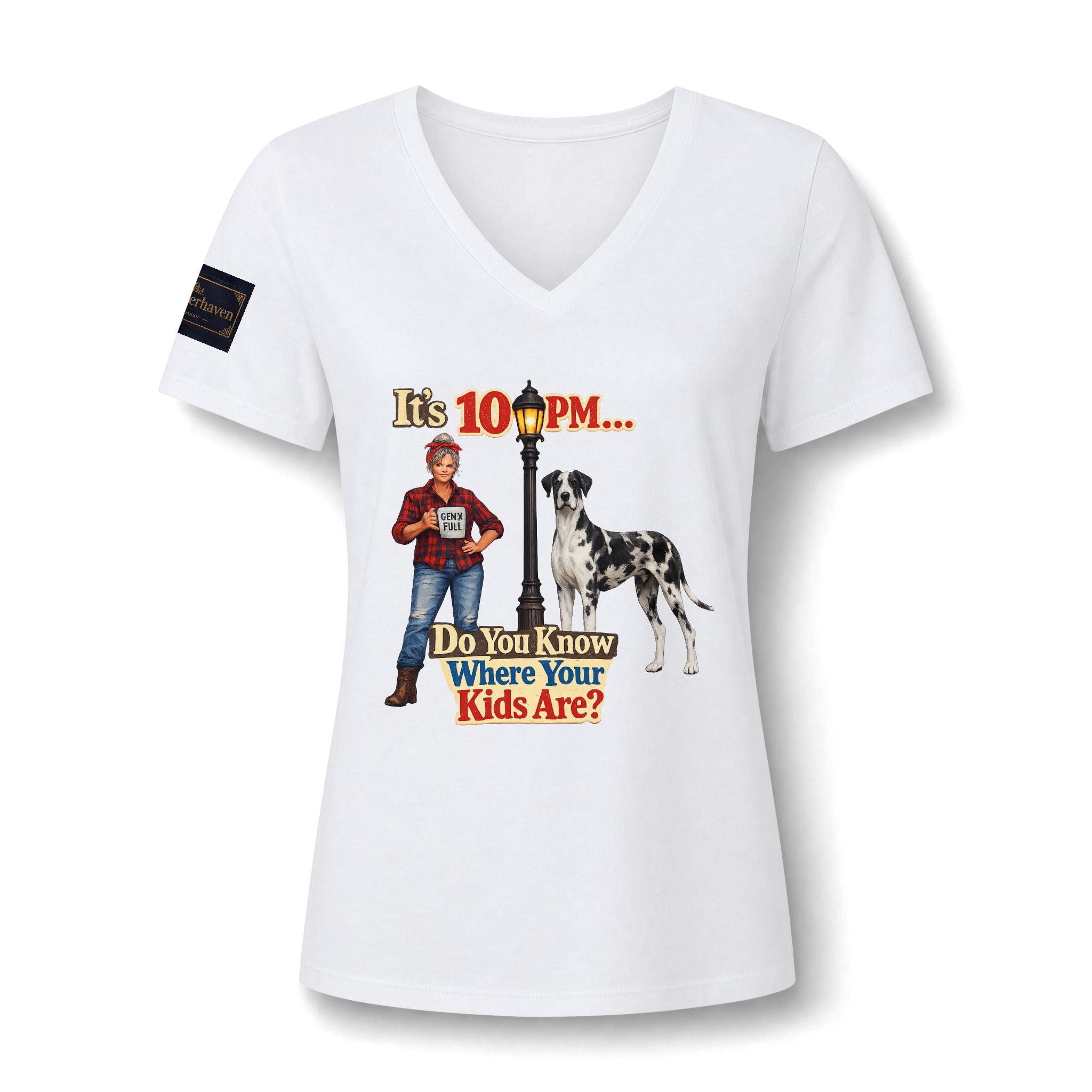 V-Neck Tee — "It's 10 PM... Do You Know Where Your Kids Are?" Retro Dog Graphic