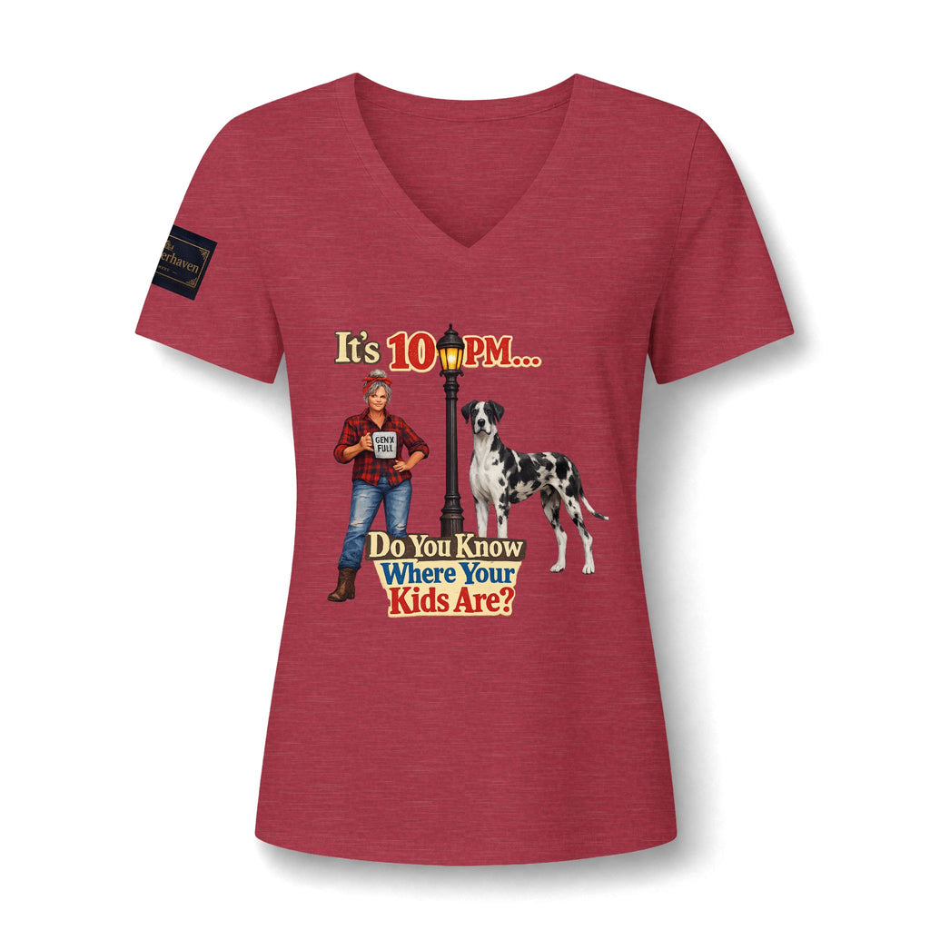 V-Neck Tee — "It's 10 PM... Do You Know Where Your Kids Are?" Retro Dog Graphic