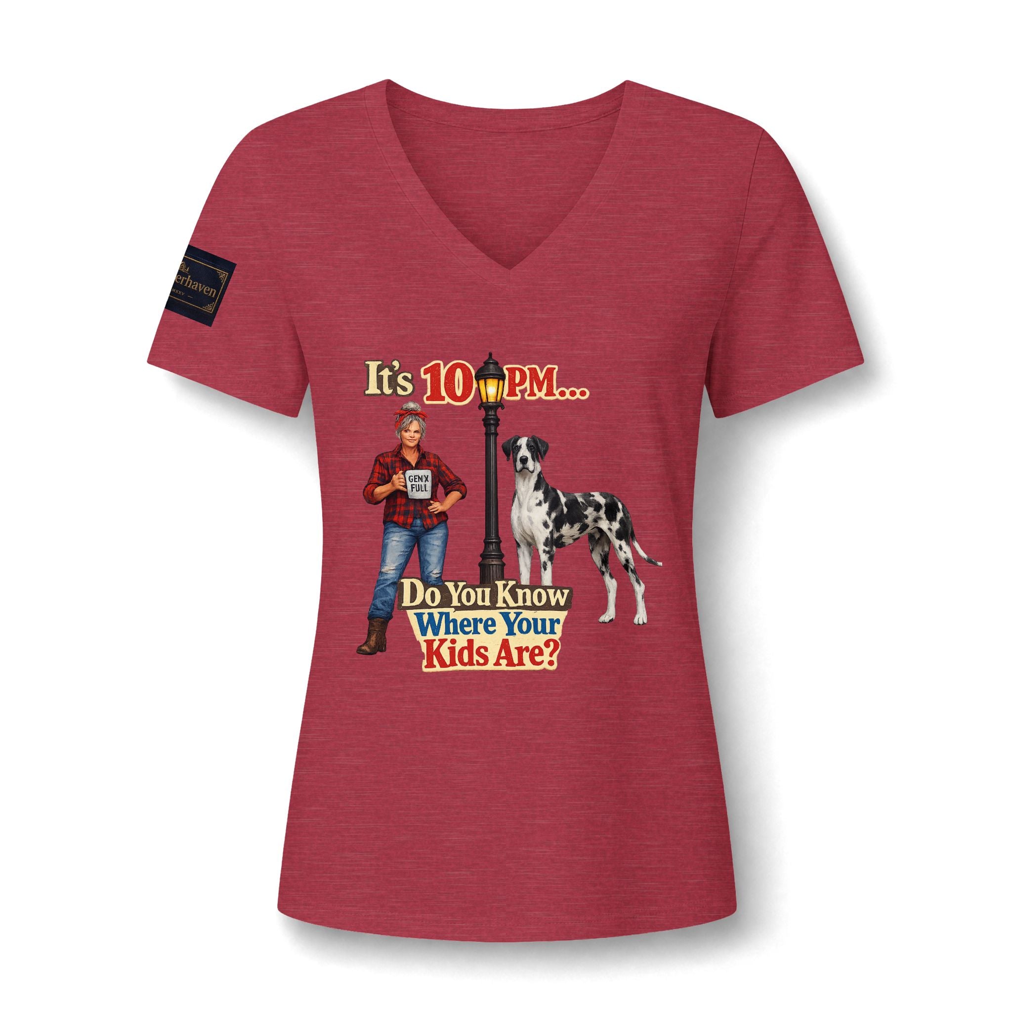 V-Neck Tee — "It's 10 PM... Do You Know Where Your Kids Are?" Retro Dog Graphic