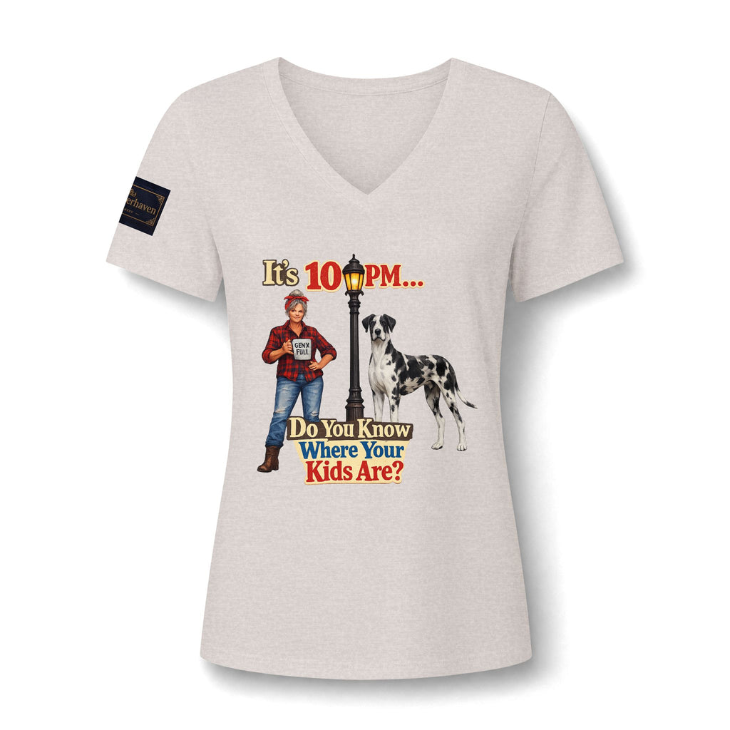 V-Neck Tee — "It's 10 PM... Do You Know Where Your Kids Are?" Retro Dog Graphic